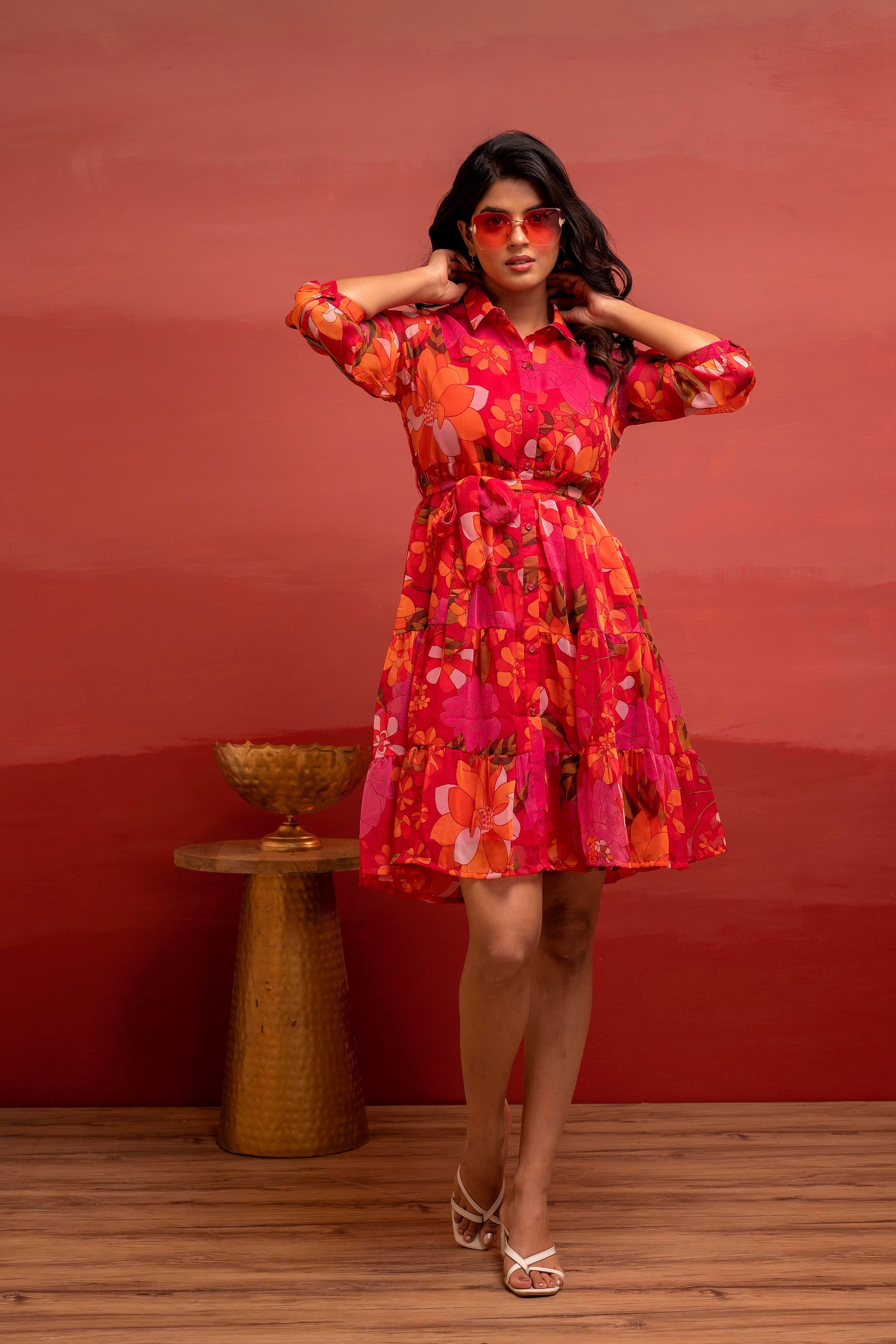 Man Made Fiber Fuchsia Floral Printed Short Dress with Belt