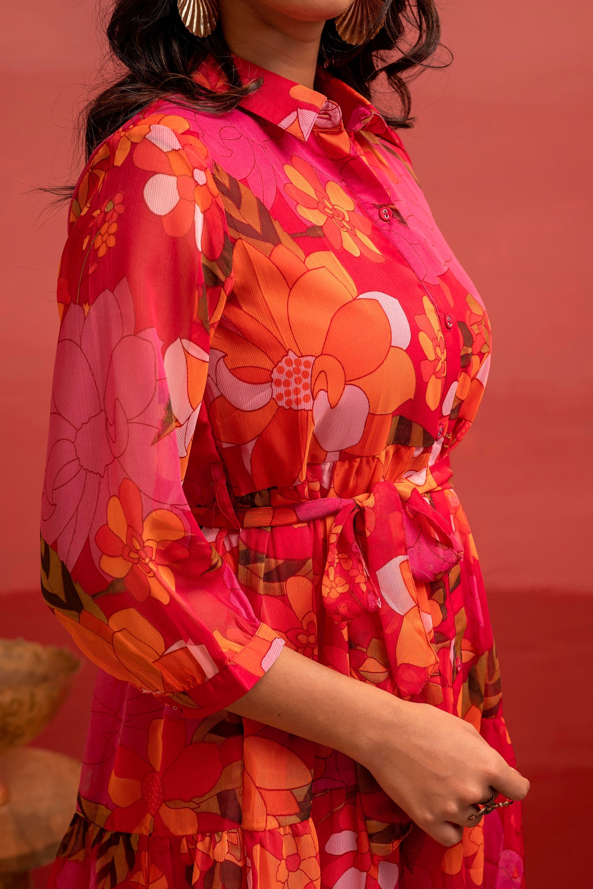 Man Made Fiber Fuchsia Floral Printed Short Dress with Belt