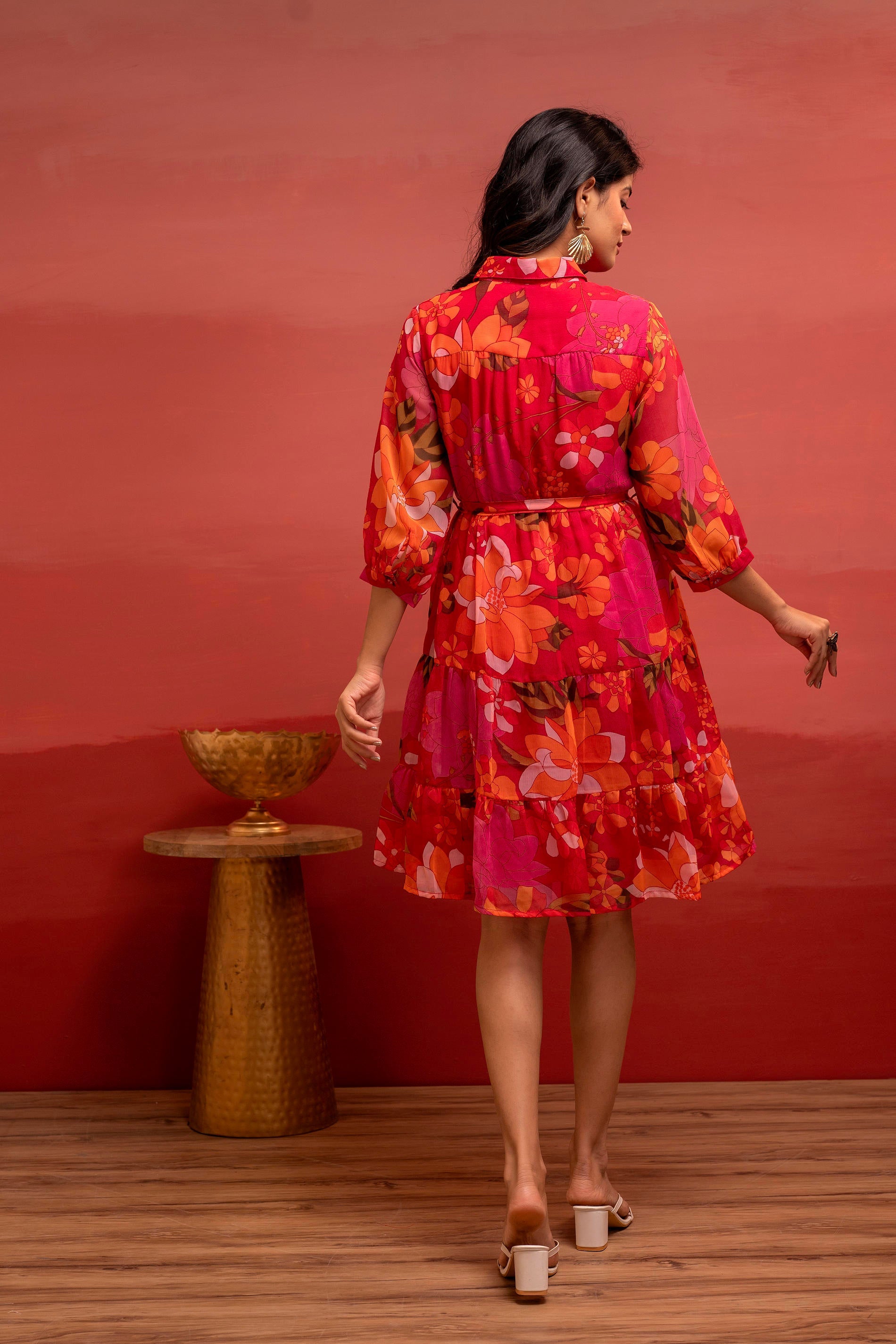Man Made Fiber Fuchsia Floral Printed Short Dress with Belt