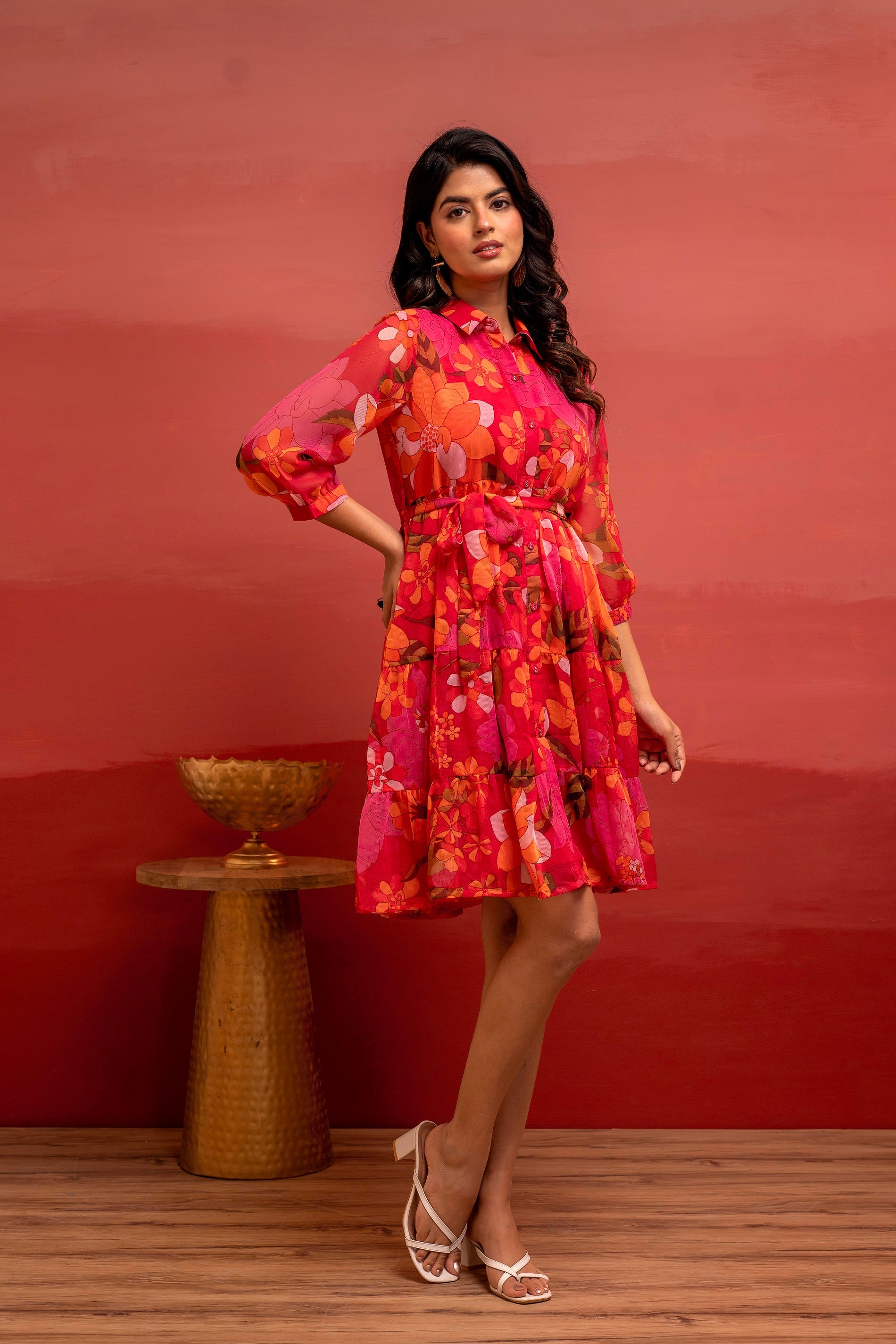 Man Made Fiber Fuchsia Floral Printed Short Dress with Belt