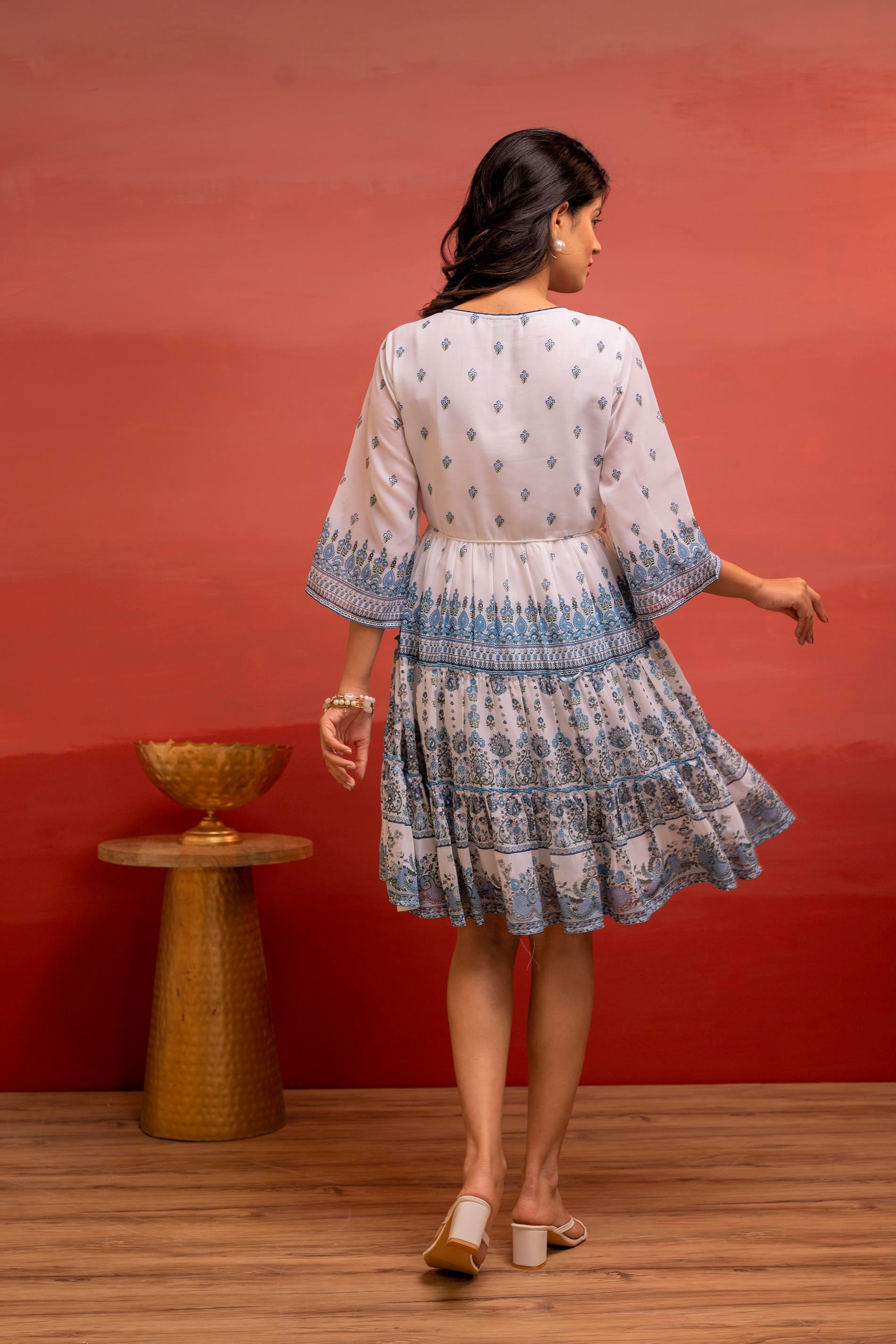 White Floral Printed Man-Made Fiber Short Dress with Thread Work, Sequence, and Slip-On Style