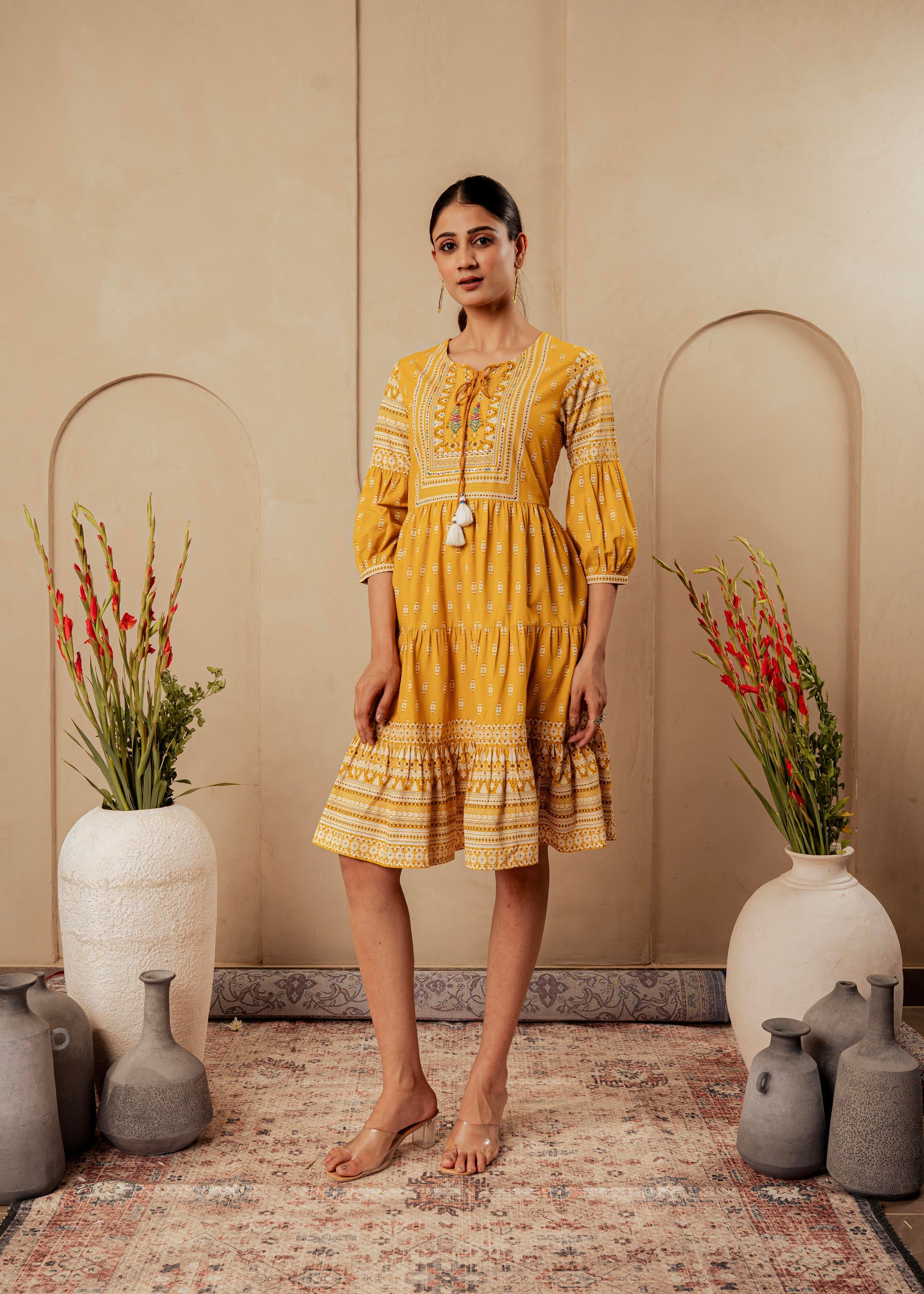 Mustard Ethnic Motifs Viscose Tiered Short Dress with Beads, Sequence, Dori