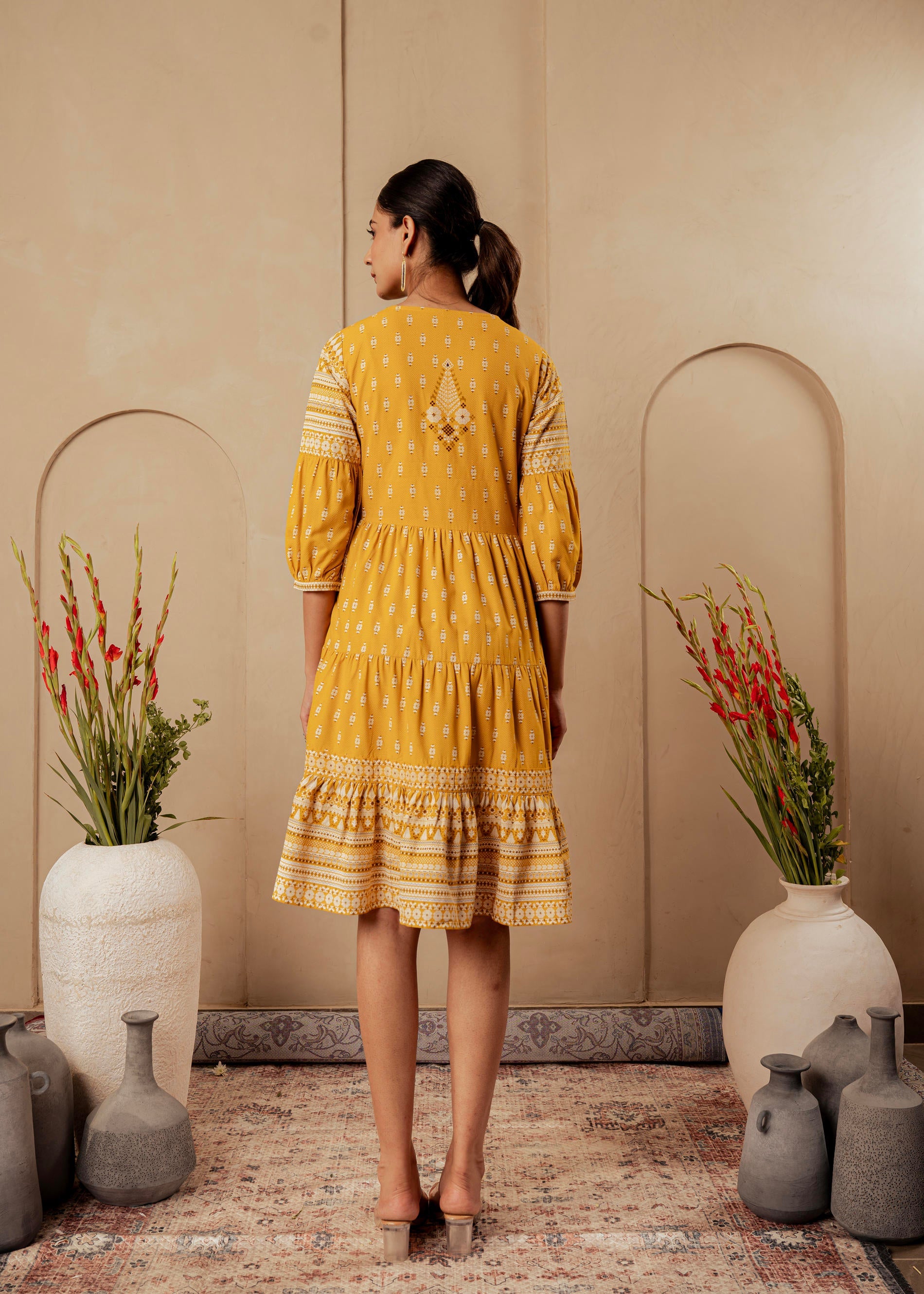 Mustard Ethnic Motifs Viscose Tiered Short Dress with Beads, Sequence, Dori