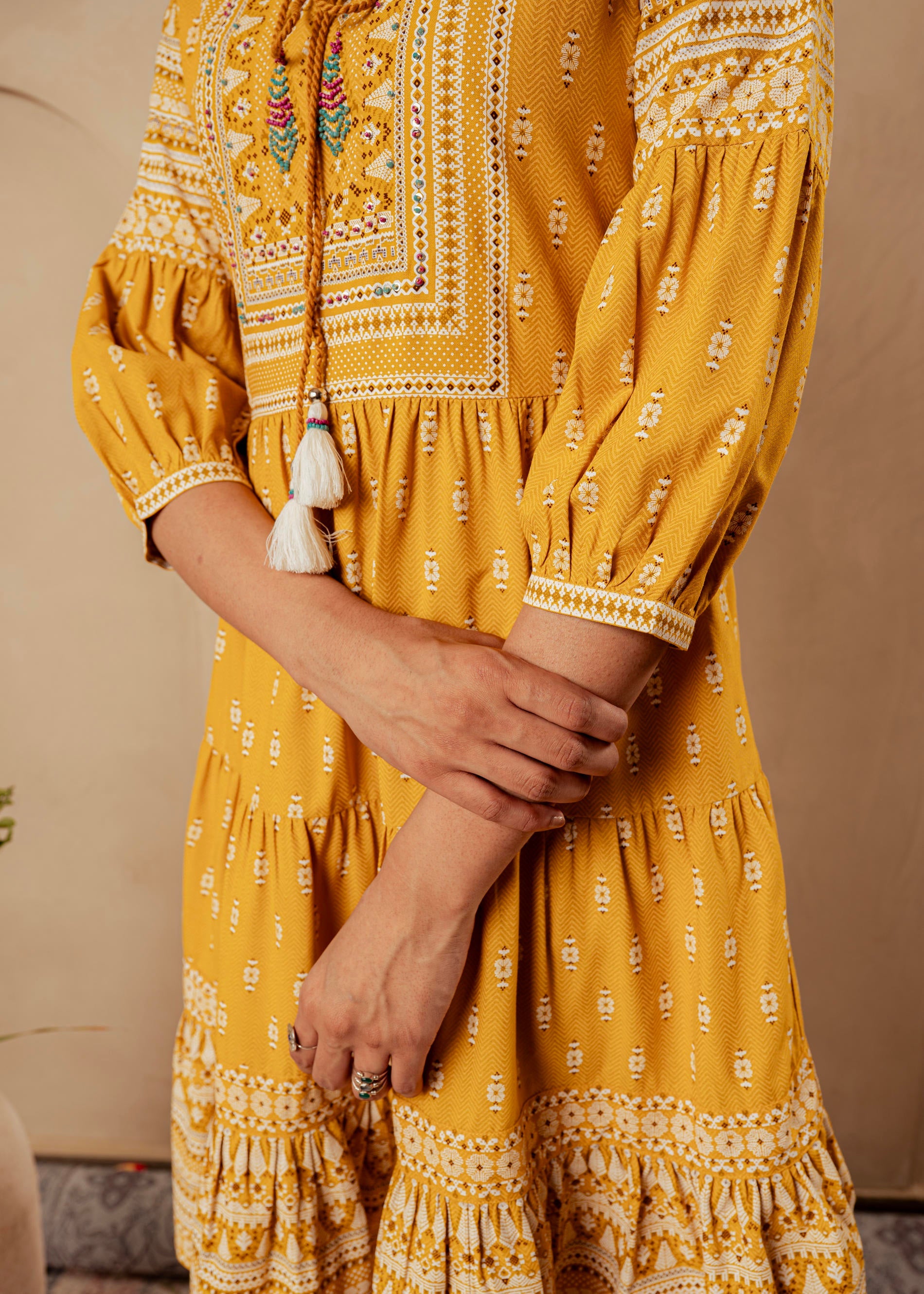 Mustard Ethnic Motifs Viscose Tiered Short Dress with Beads, Sequence, Dori