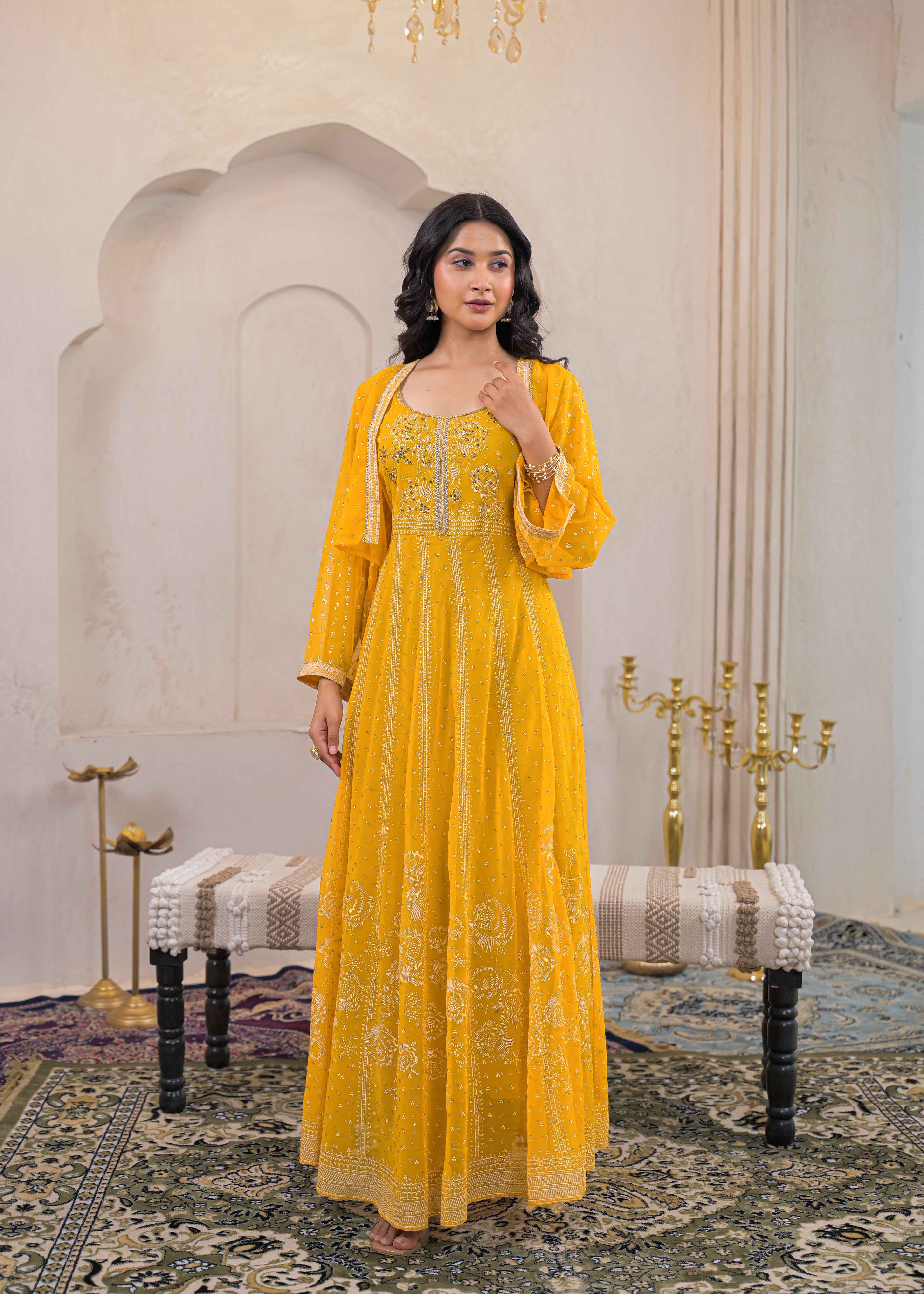 Mustard Ethnic Motifs Printed Man Made Fiber Tiered Long Dress