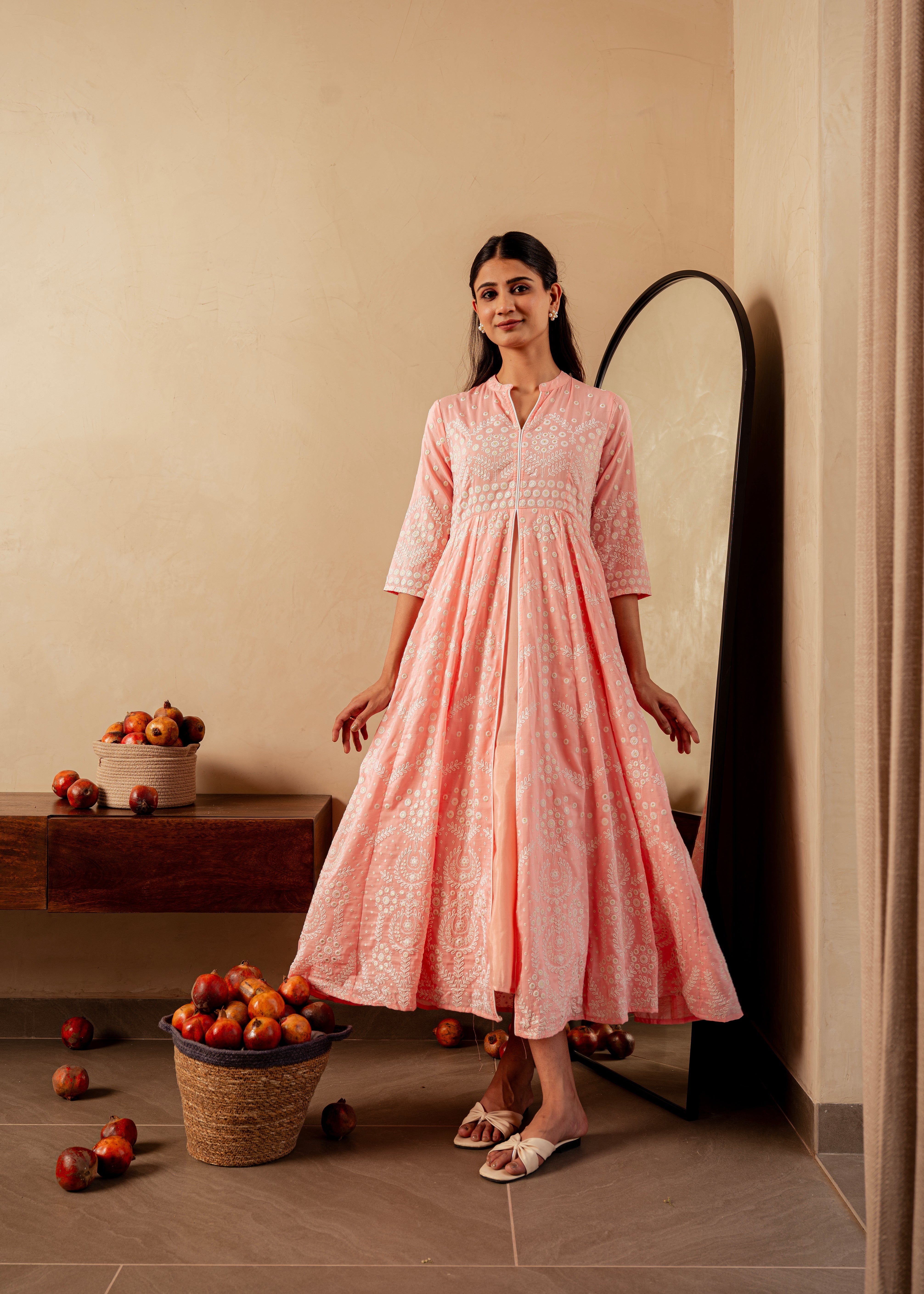 Peach Solid Panelled Long Dress with Thread Work