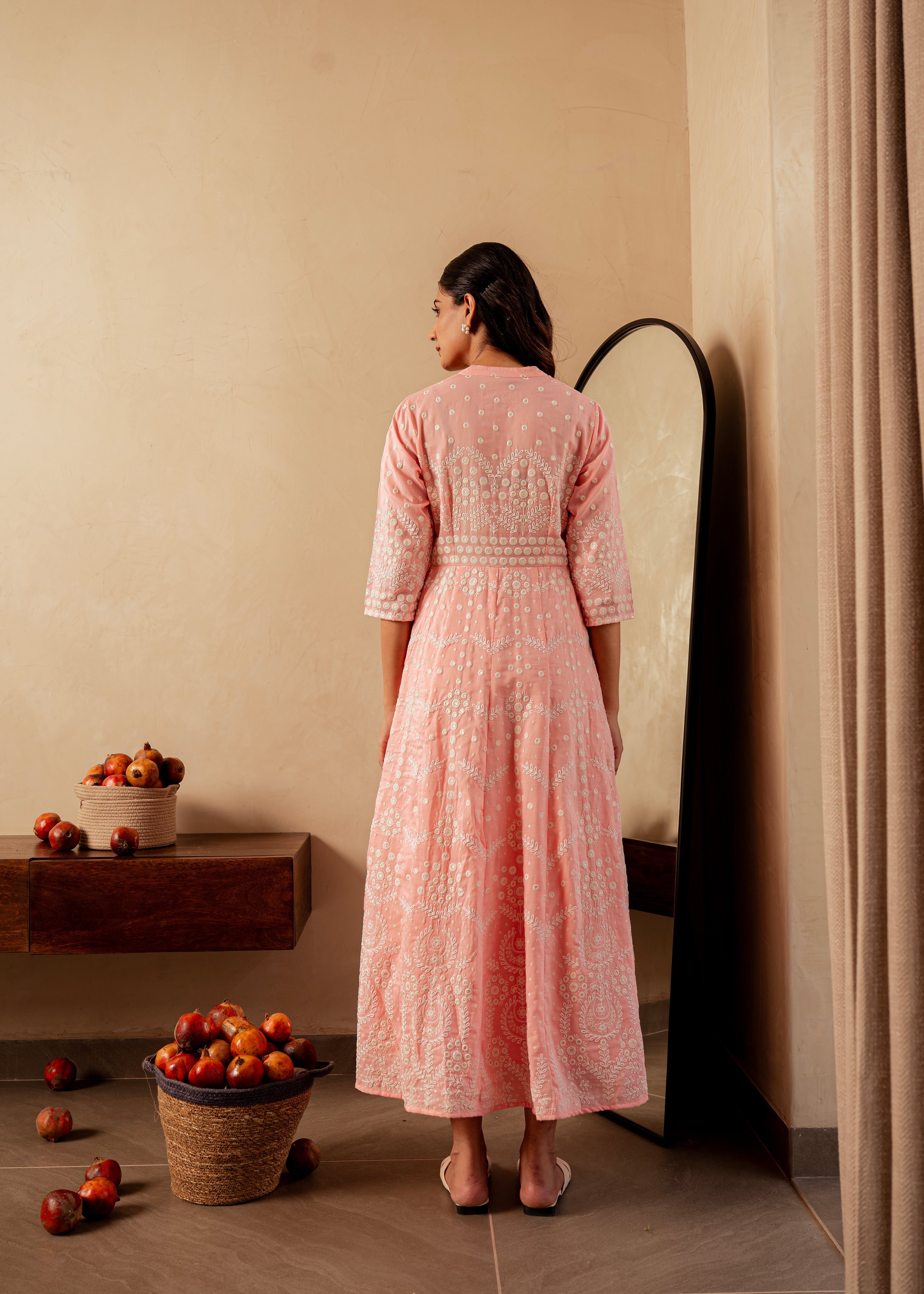 Peach Solid Panelled Long Dress with Thread Work