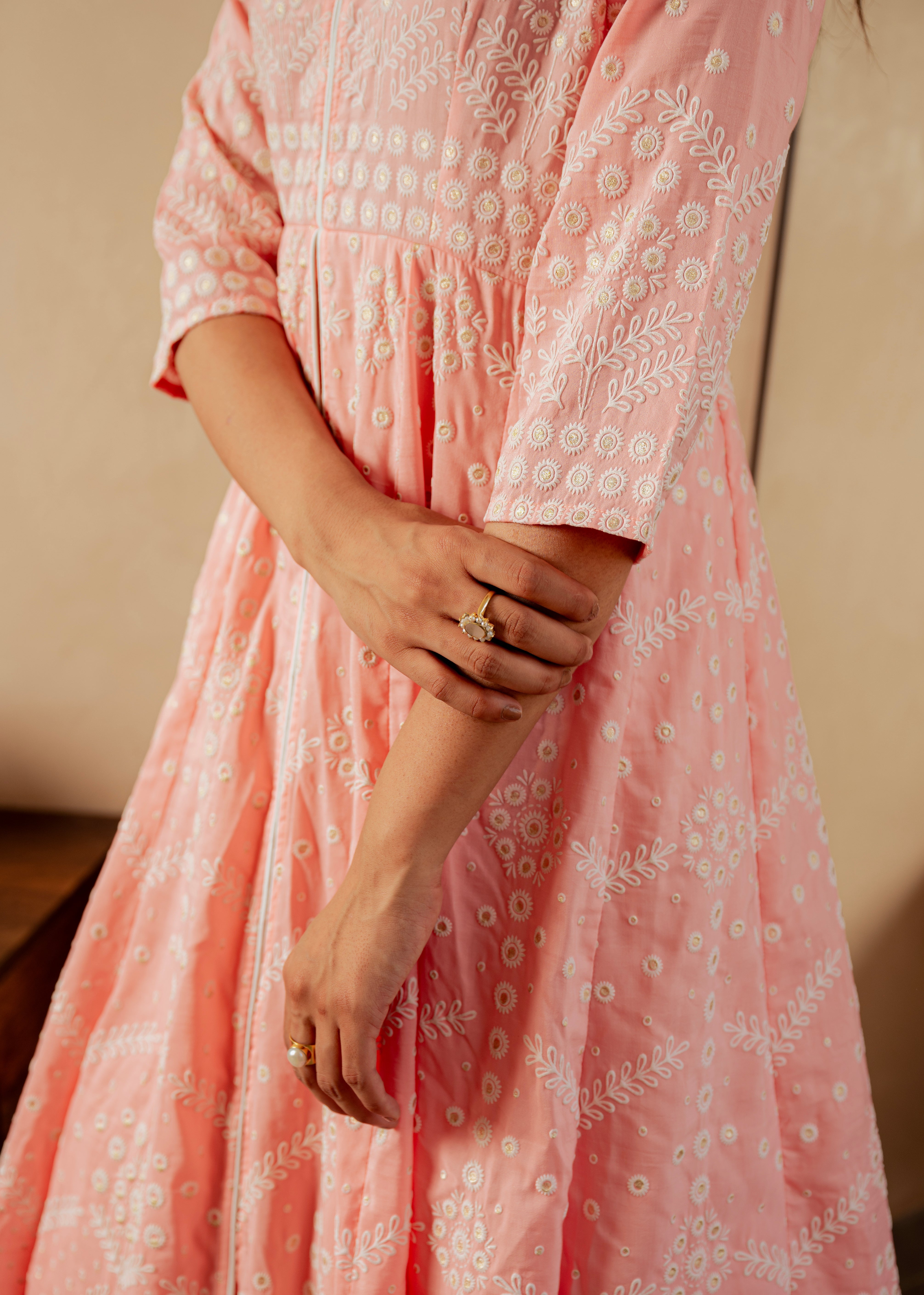 Peach Solid Panelled Long Dress with Thread Work