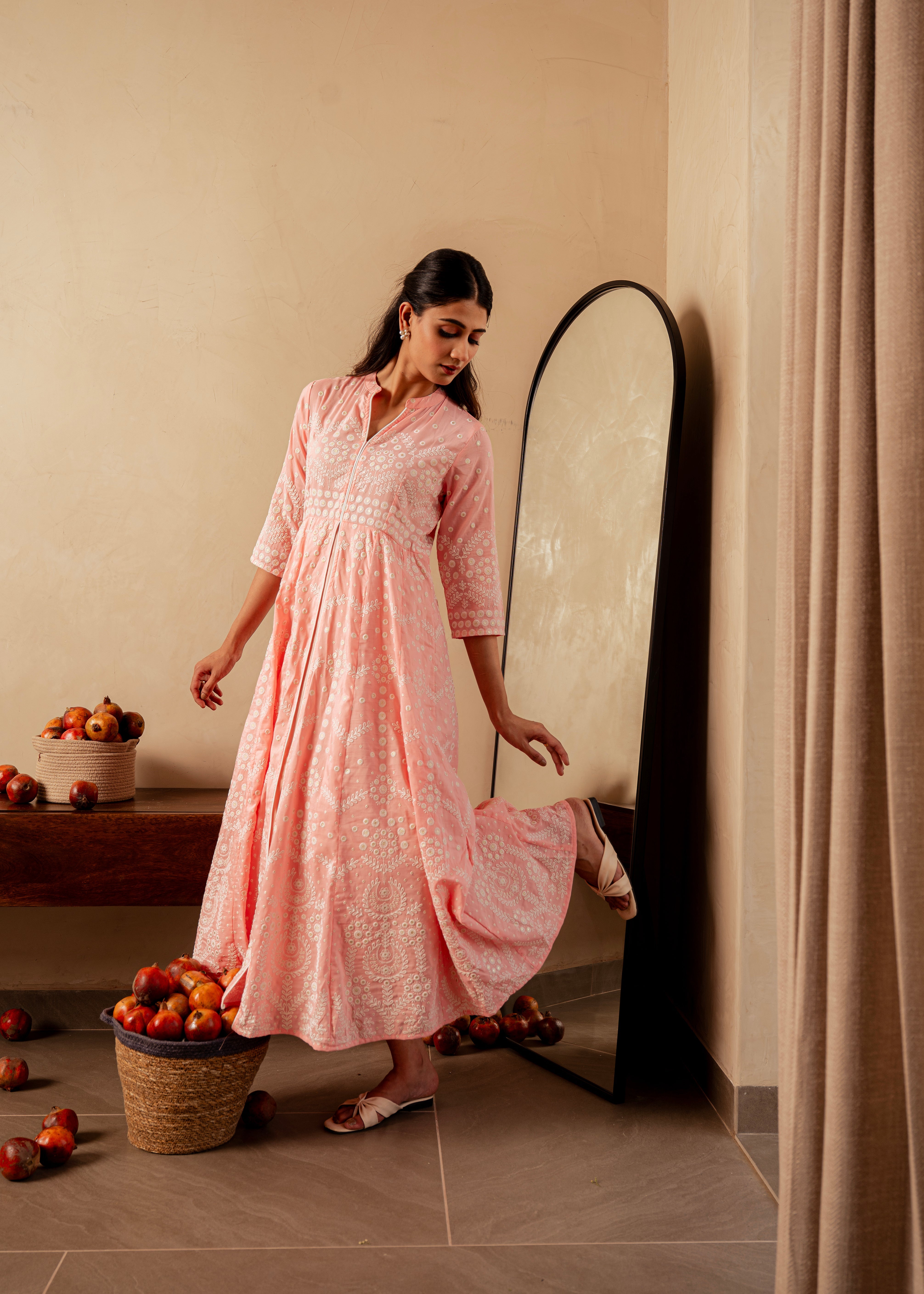 Peach Solid Panelled Long Dress with Thread Work