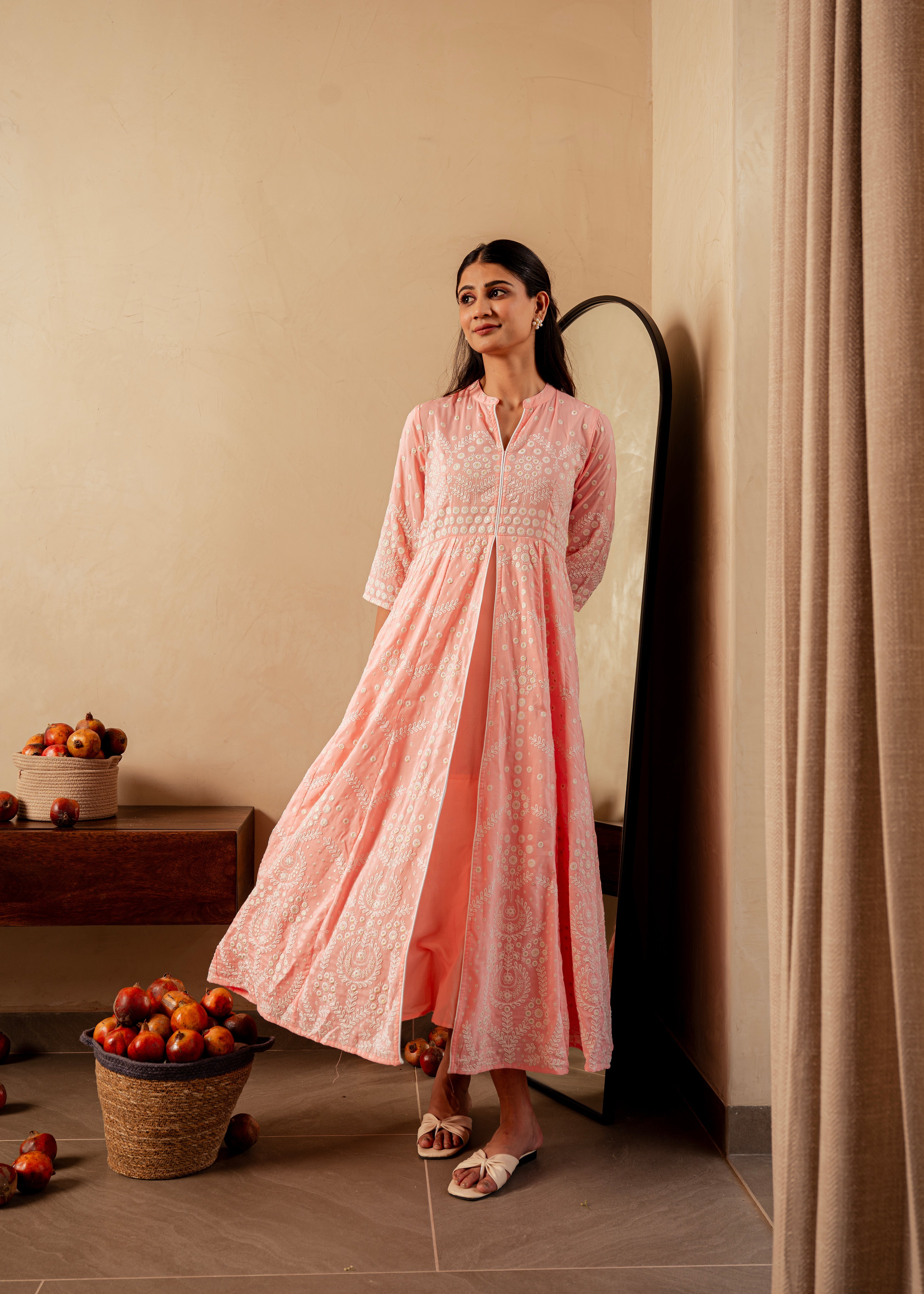 Peach Solid Panelled Long Dress with Thread Work