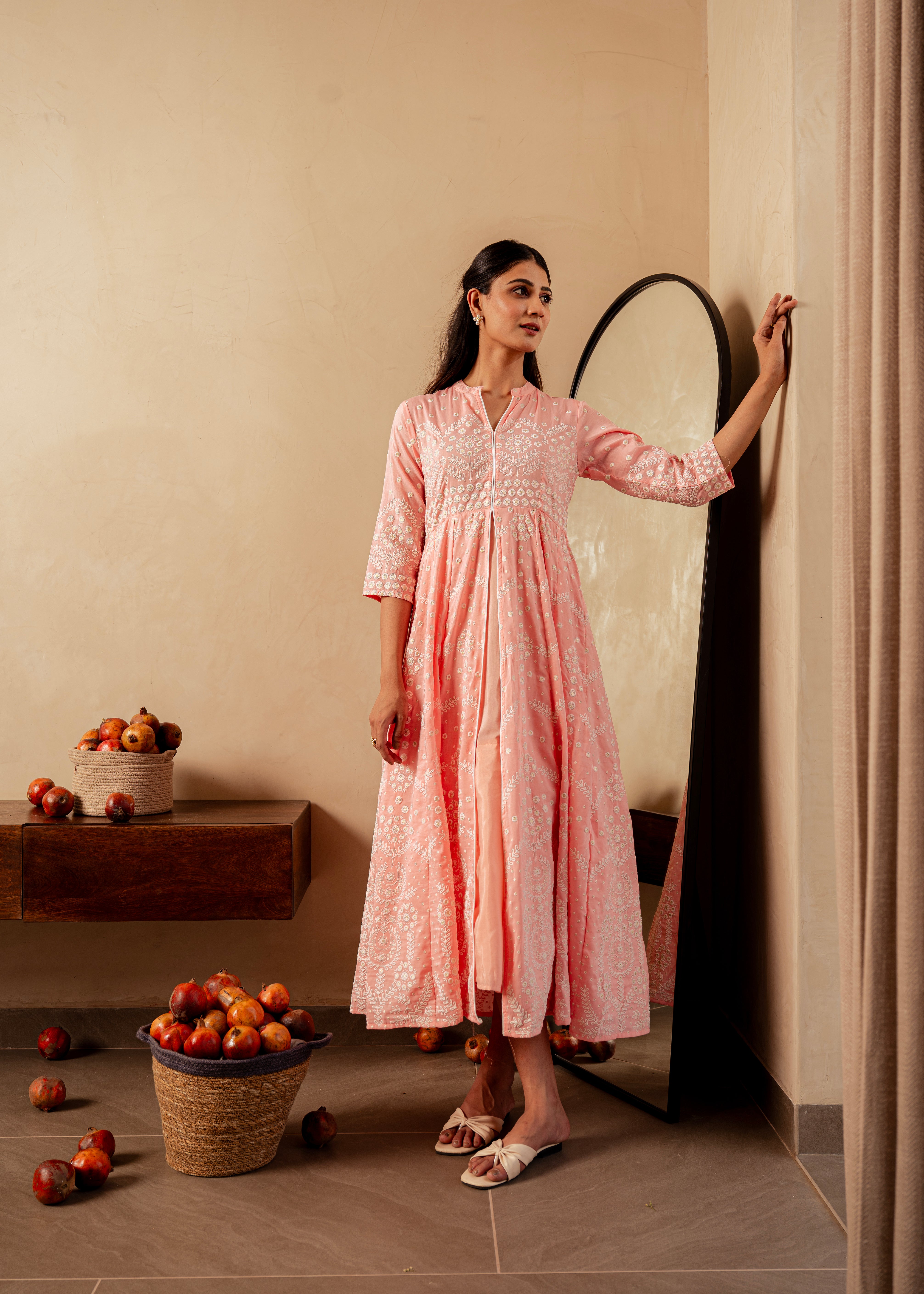 Peach Solid Panelled Long Dress with Thread Work