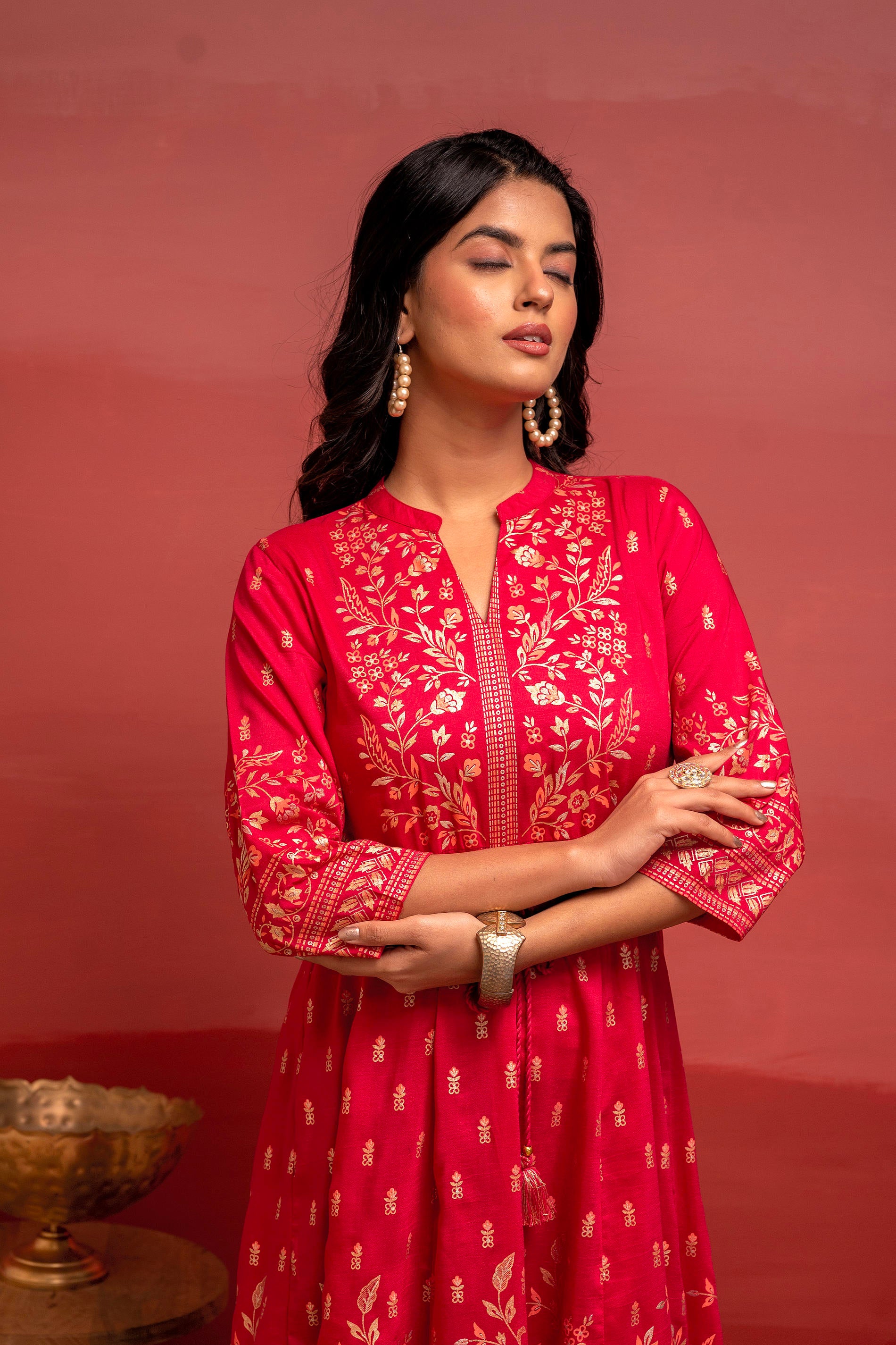 Fuchsia Floral Foil Printed Anarkali Long Dress