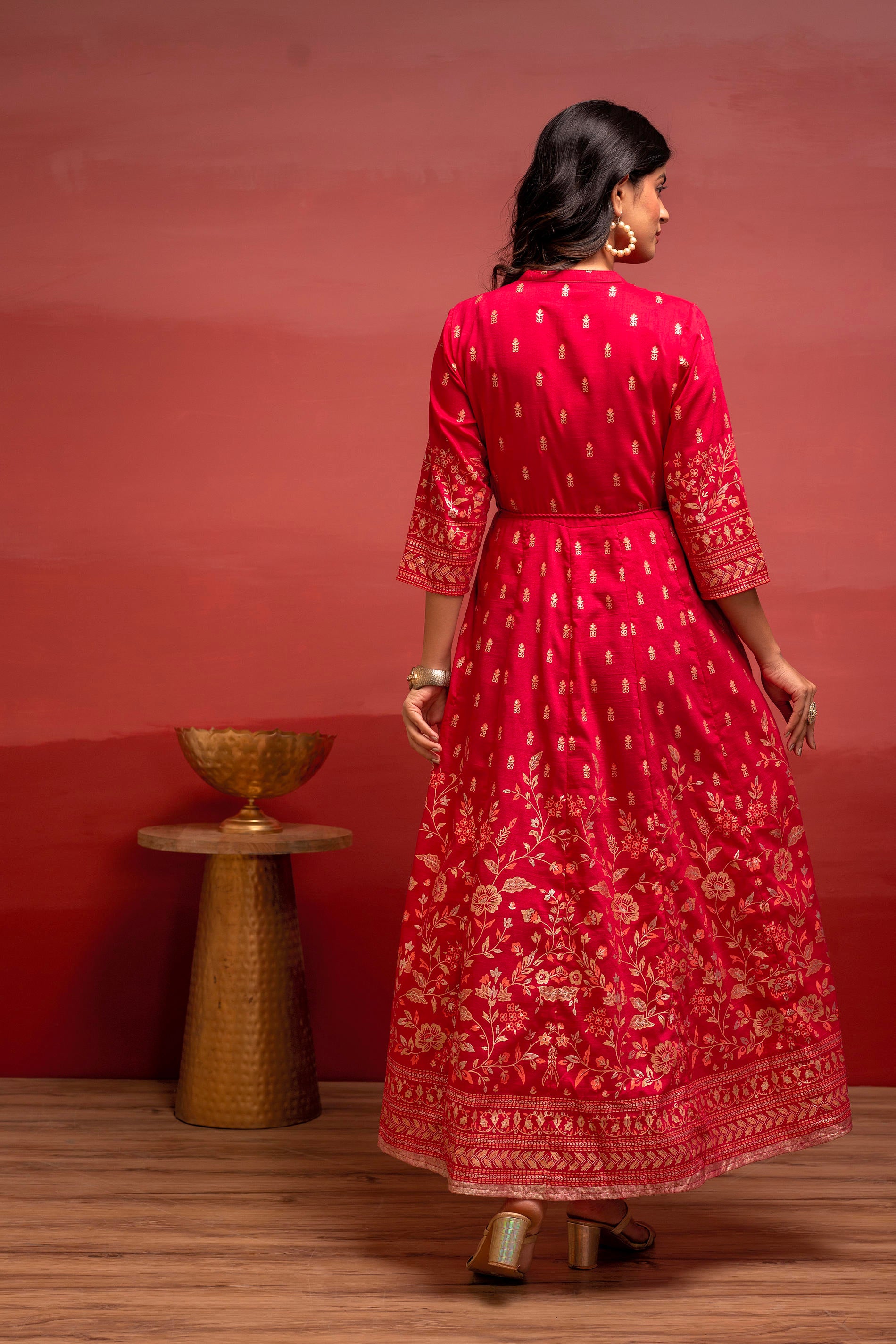 Fuchsia Floral Foil Printed Anarkali Long Dress