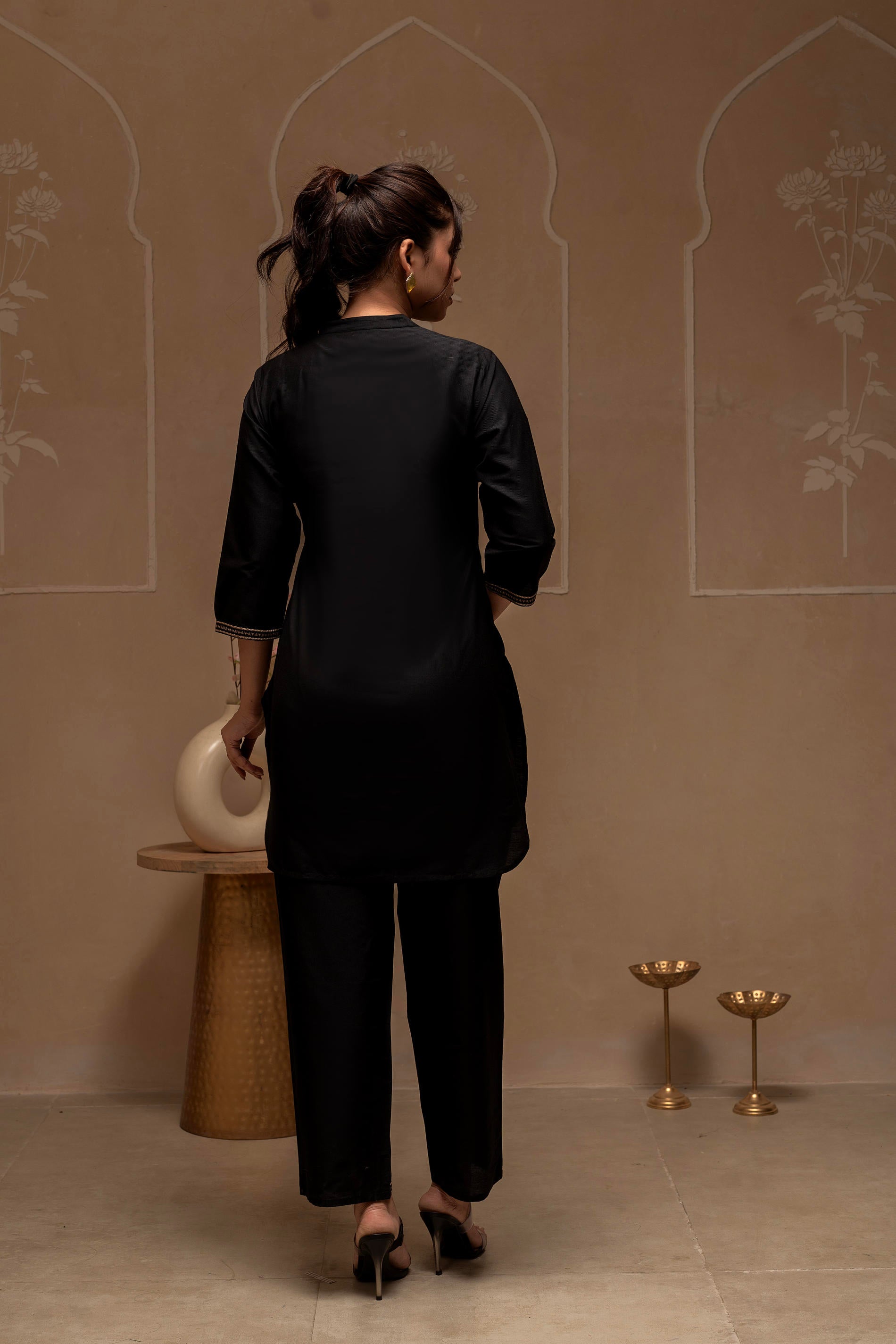 Black Solid Viscose Tunic and Pants Co-ord Set with Thread Work and Button Detailing