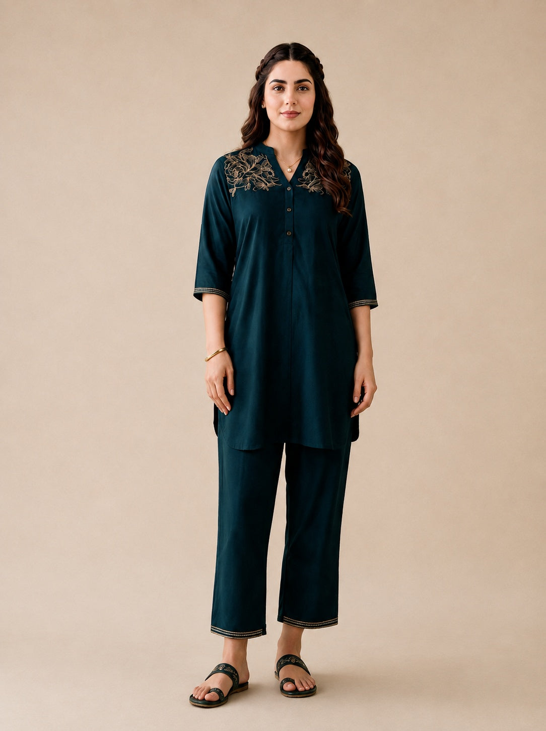 Jadegreen Solid Viscose Tunic and Pants Co-ord Set with Thread Work and Button Detailing