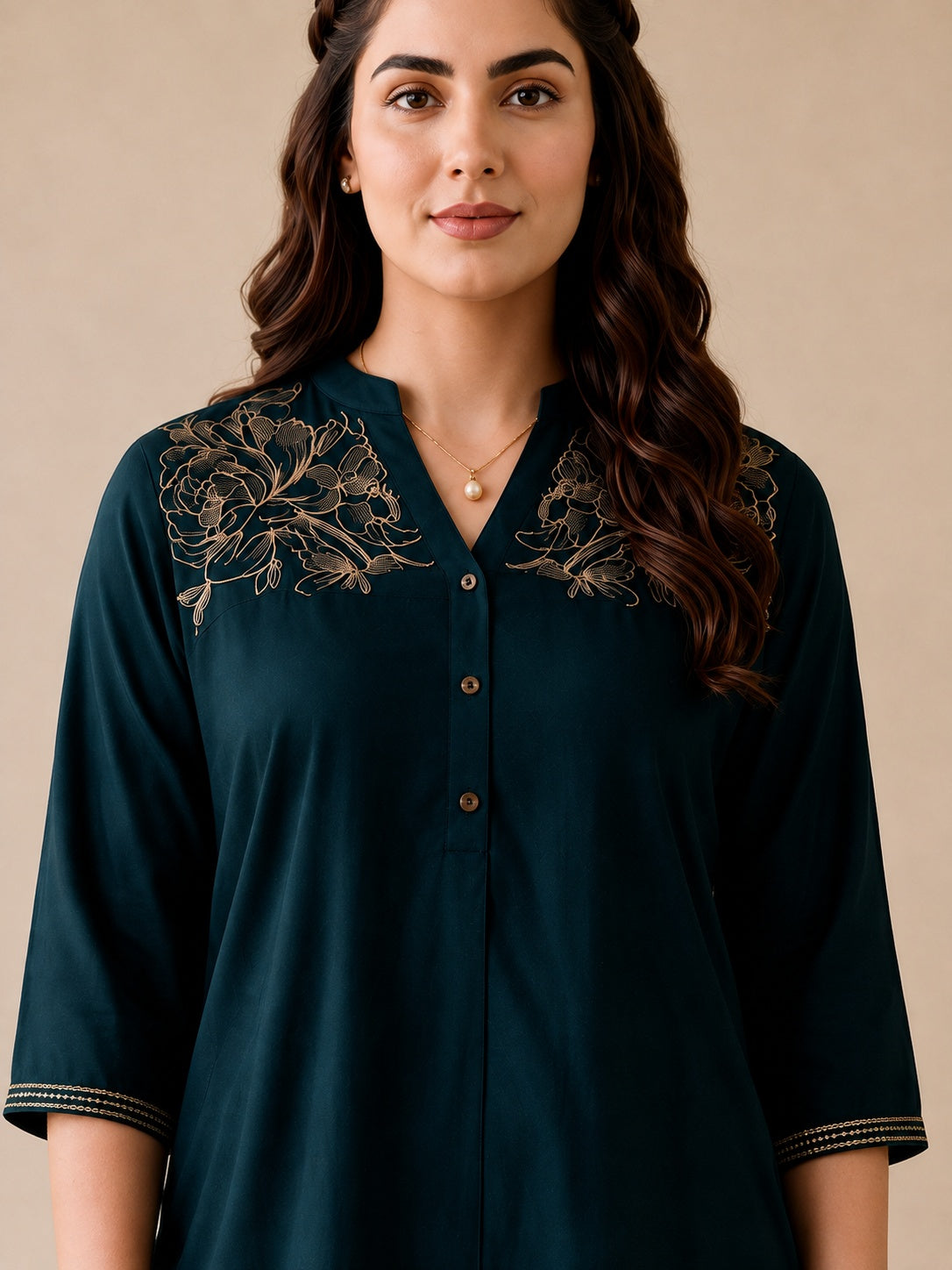 Jadegreen Solid Viscose Tunic and Pants Co-ord Set with Thread Work and Button Detailing