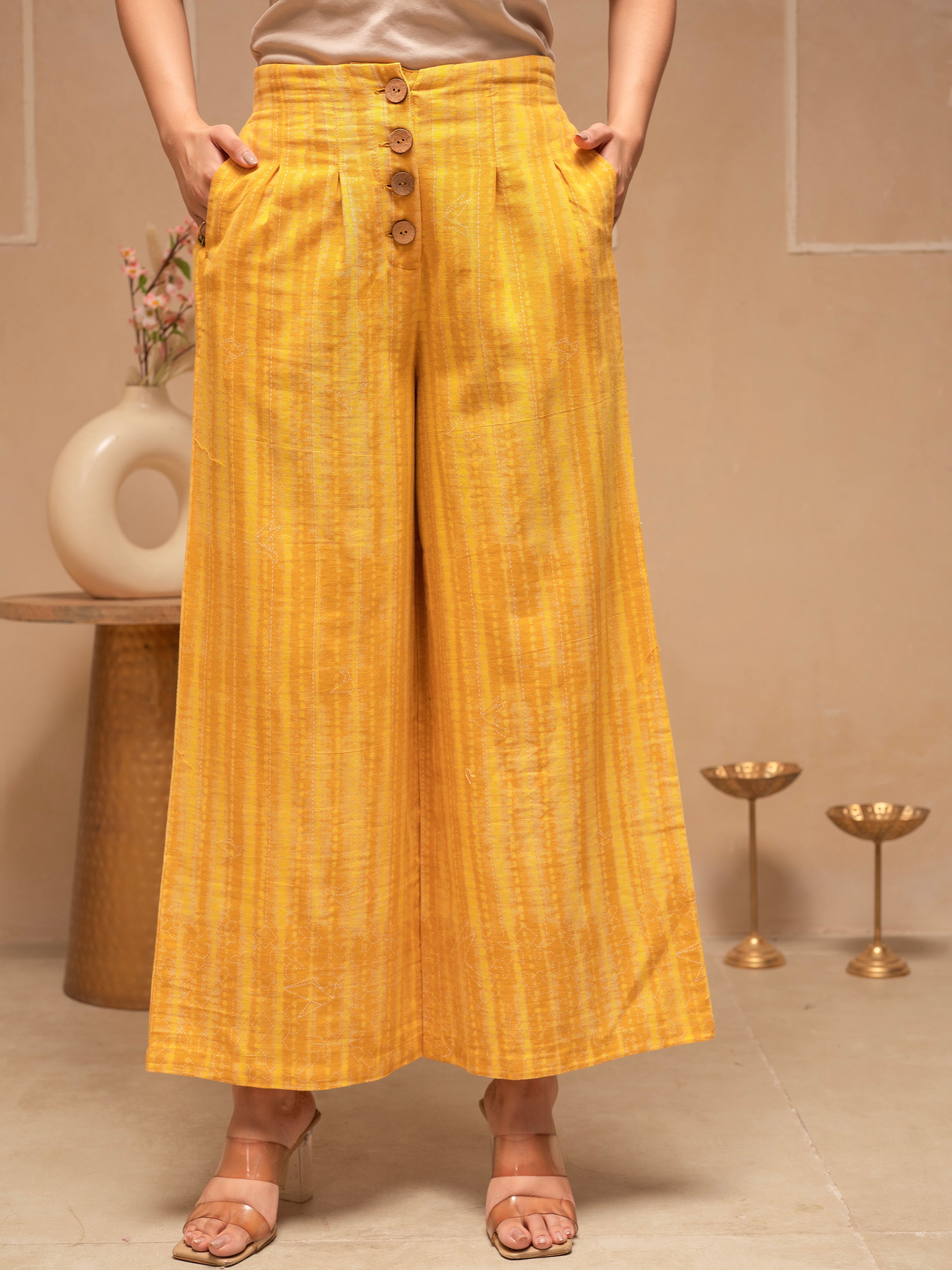 Off White Mustard Solid Viscose Top and Printed Cotton Pants Co-ord Set with Thread Work and Buttons