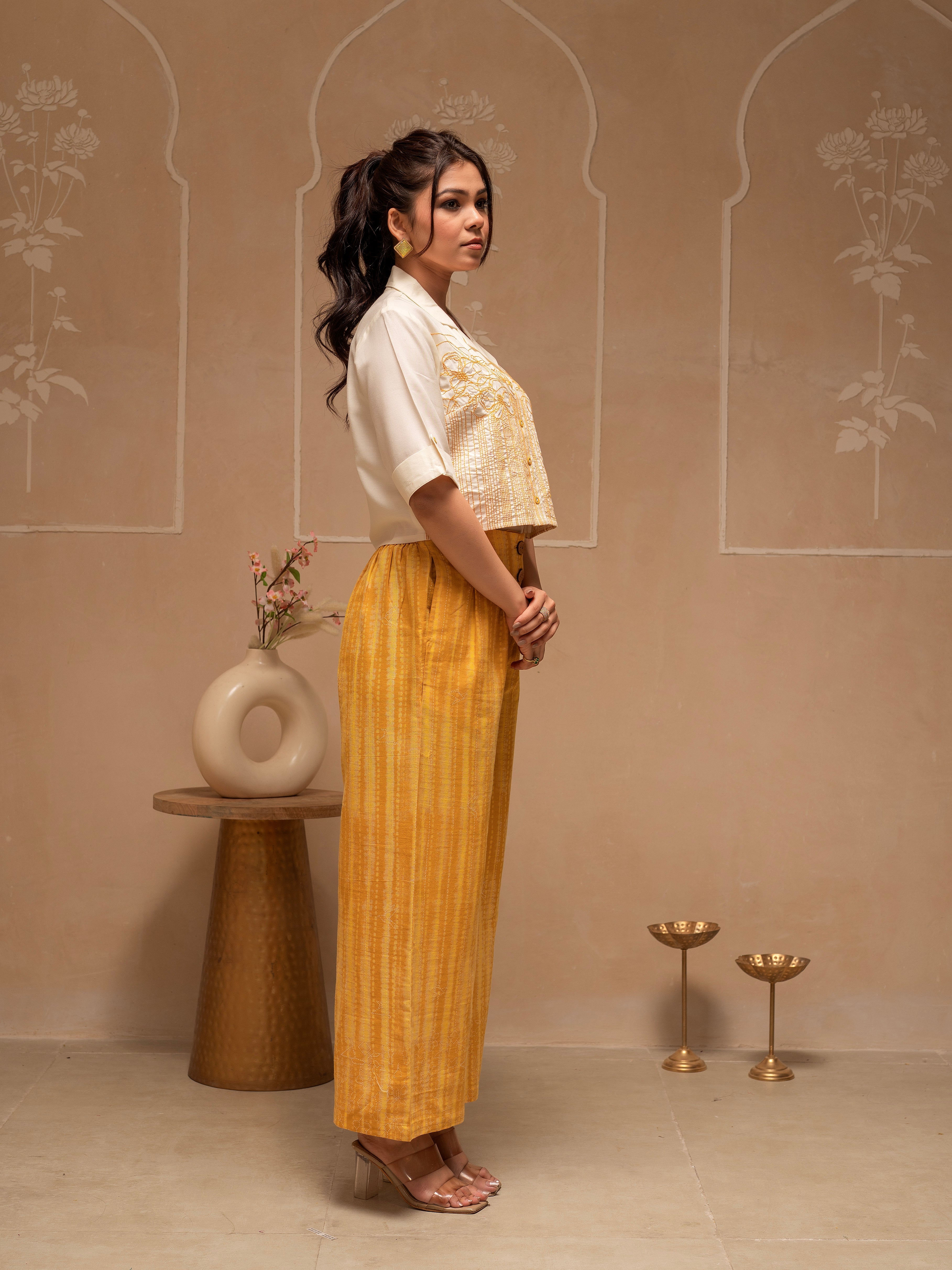 Off White Mustard Solid Viscose Top and Printed Cotton Pants Co-ord Set with Thread Work and Buttons