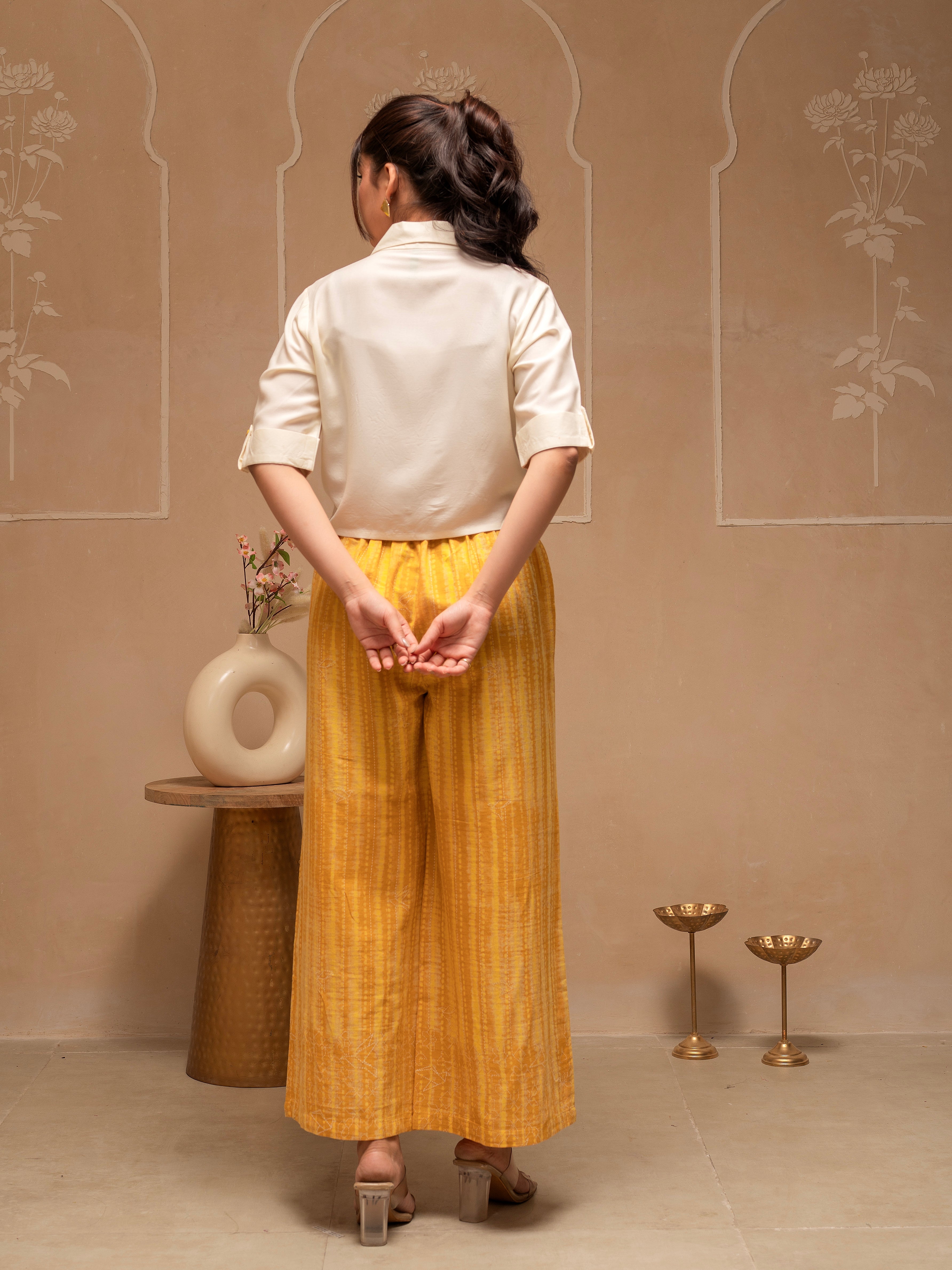 Off White Mustard Solid Viscose Top and Printed Cotton Pants Co-ord Set with Thread Work and Buttons