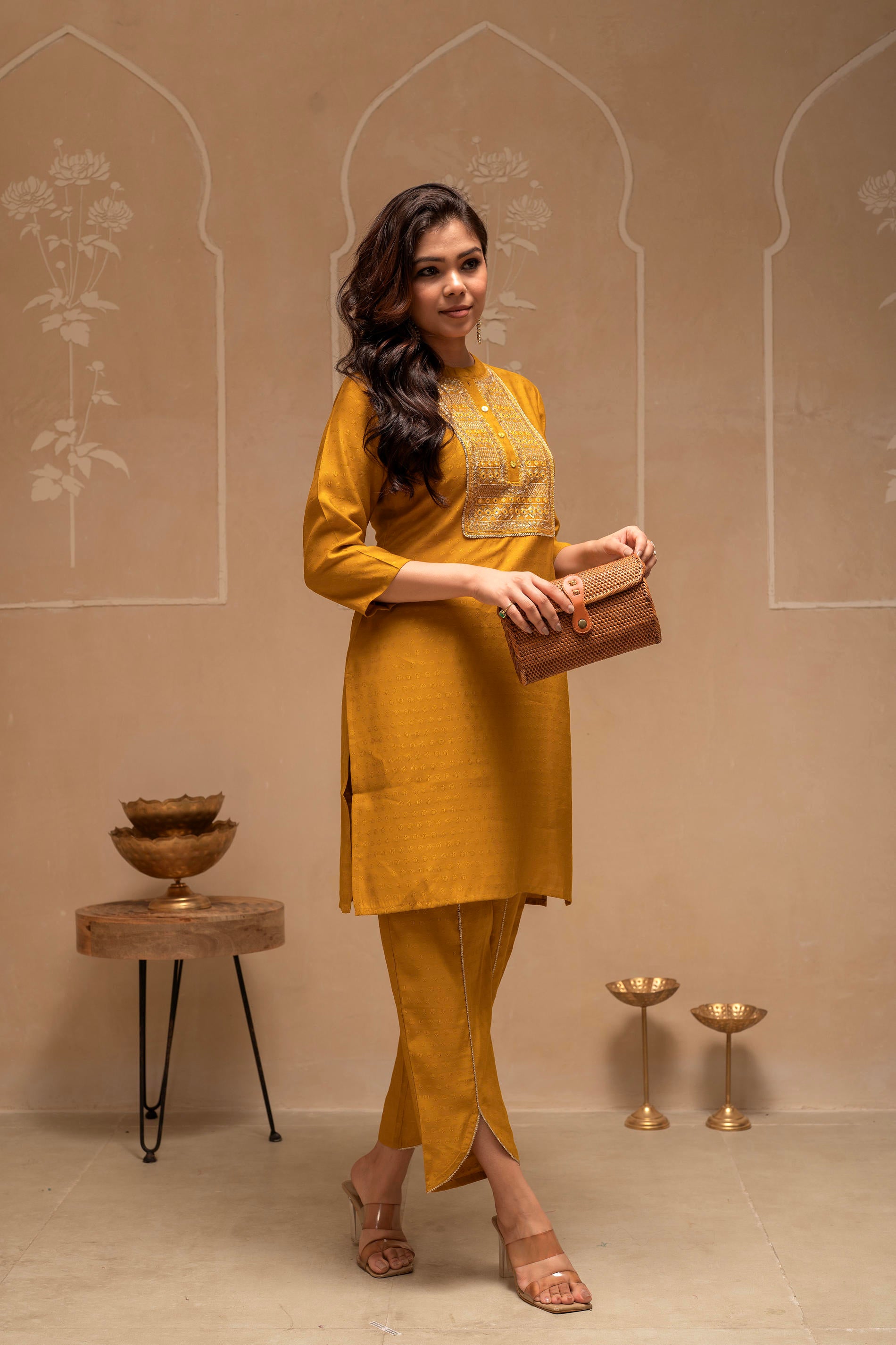 Mustard Solid Viscose Tunic and Pant Co-ord Set with Mirror, Thread Work, Button & Sequence