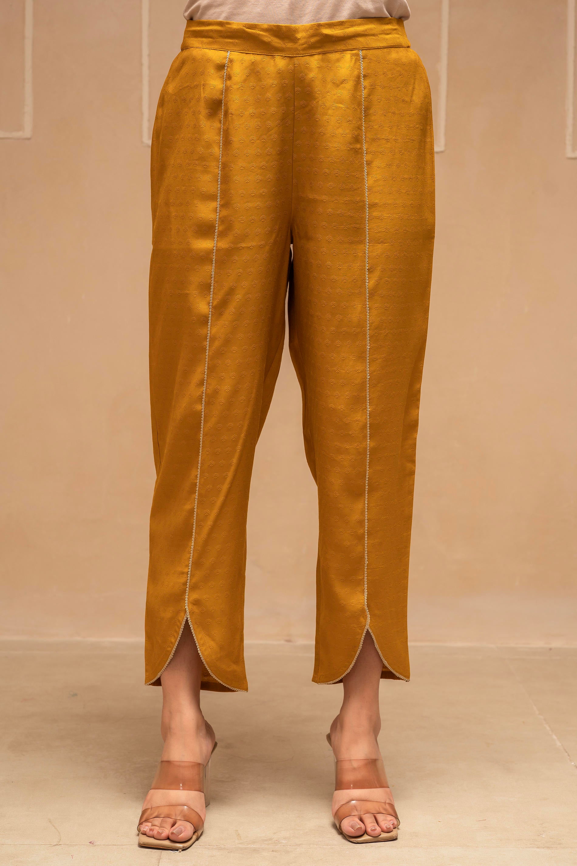 Mustard Solid Viscose Tunic and Pant Co-ord Set with Mirror, Thread Work, Button & Sequence
