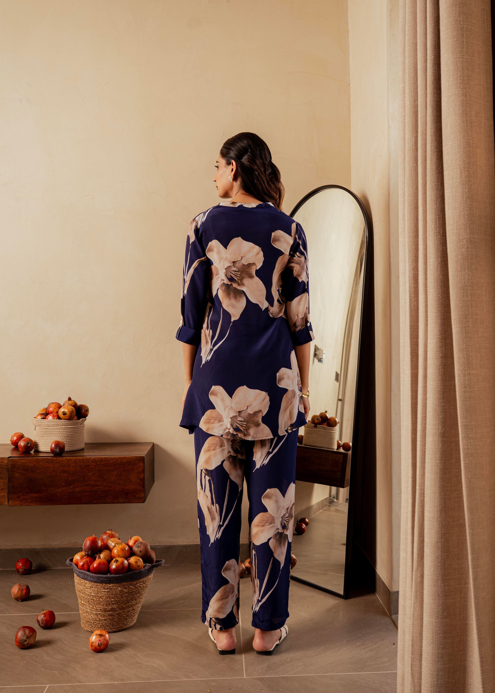 Navy Floral Printed Poly Tunic and Solid Pants Co-ord Set with Button Detailing