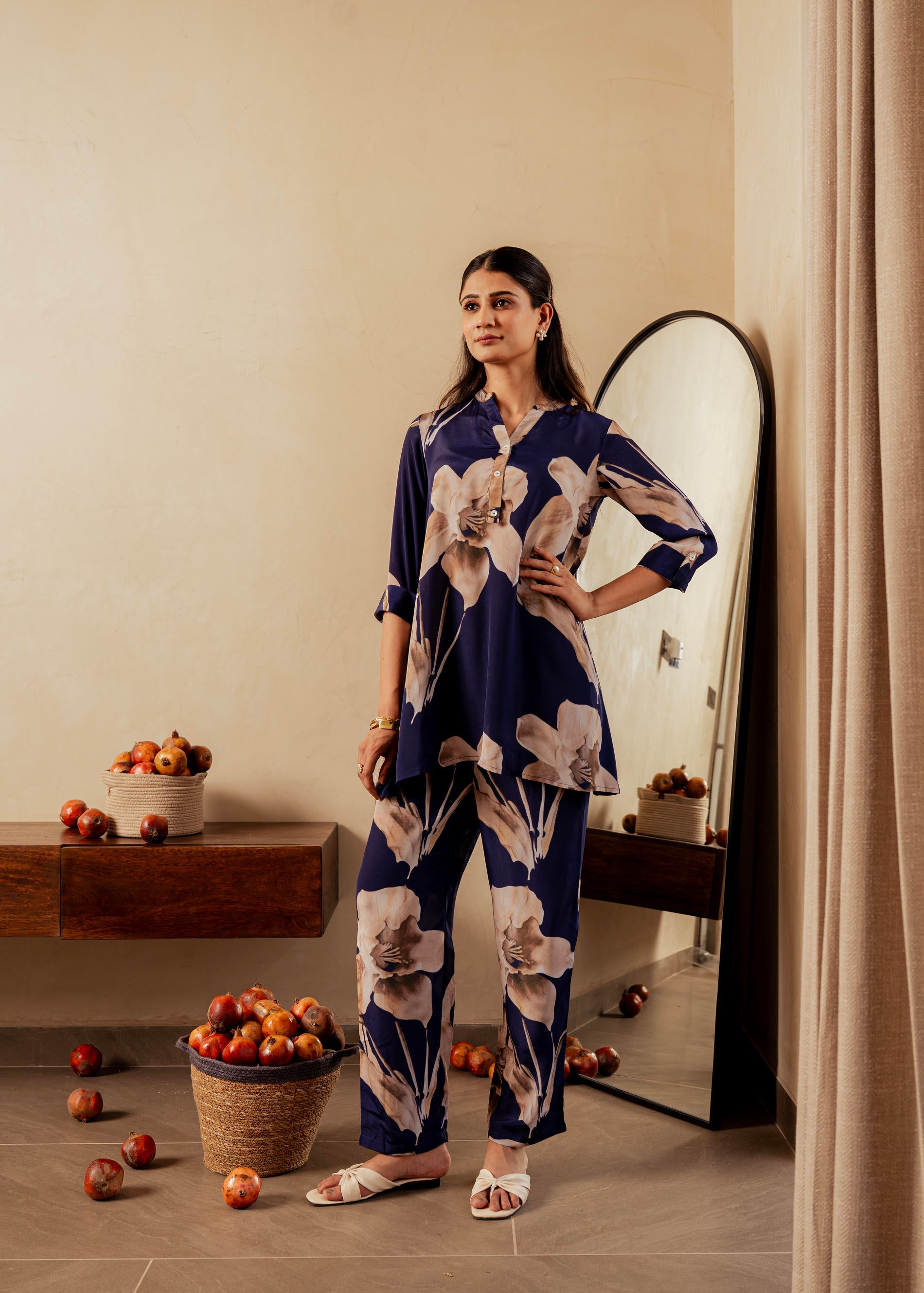 Navy Floral Printed Poly Tunic and Solid Pants Co-ord Set with Button Detailing
