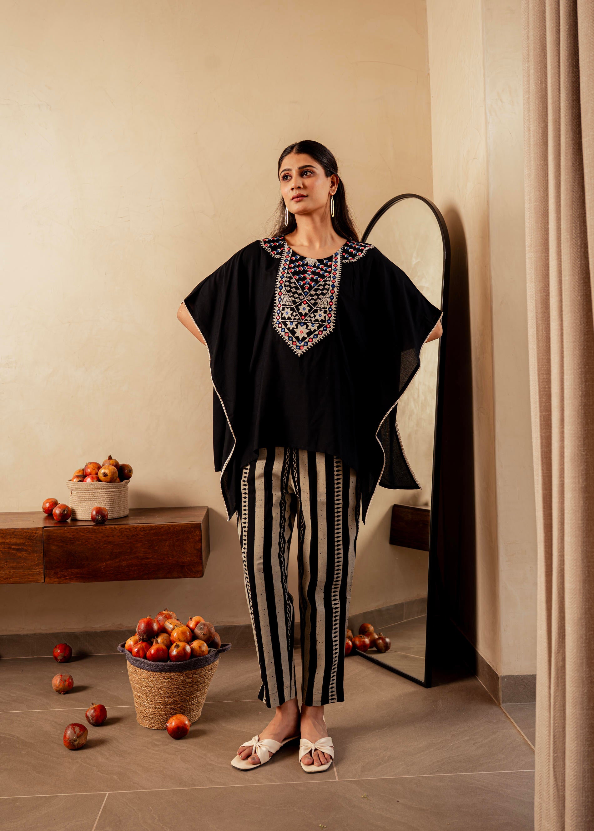 Black Solid Viscose Kaftan and Pants Co-ord Set with Mirror and Thread Work