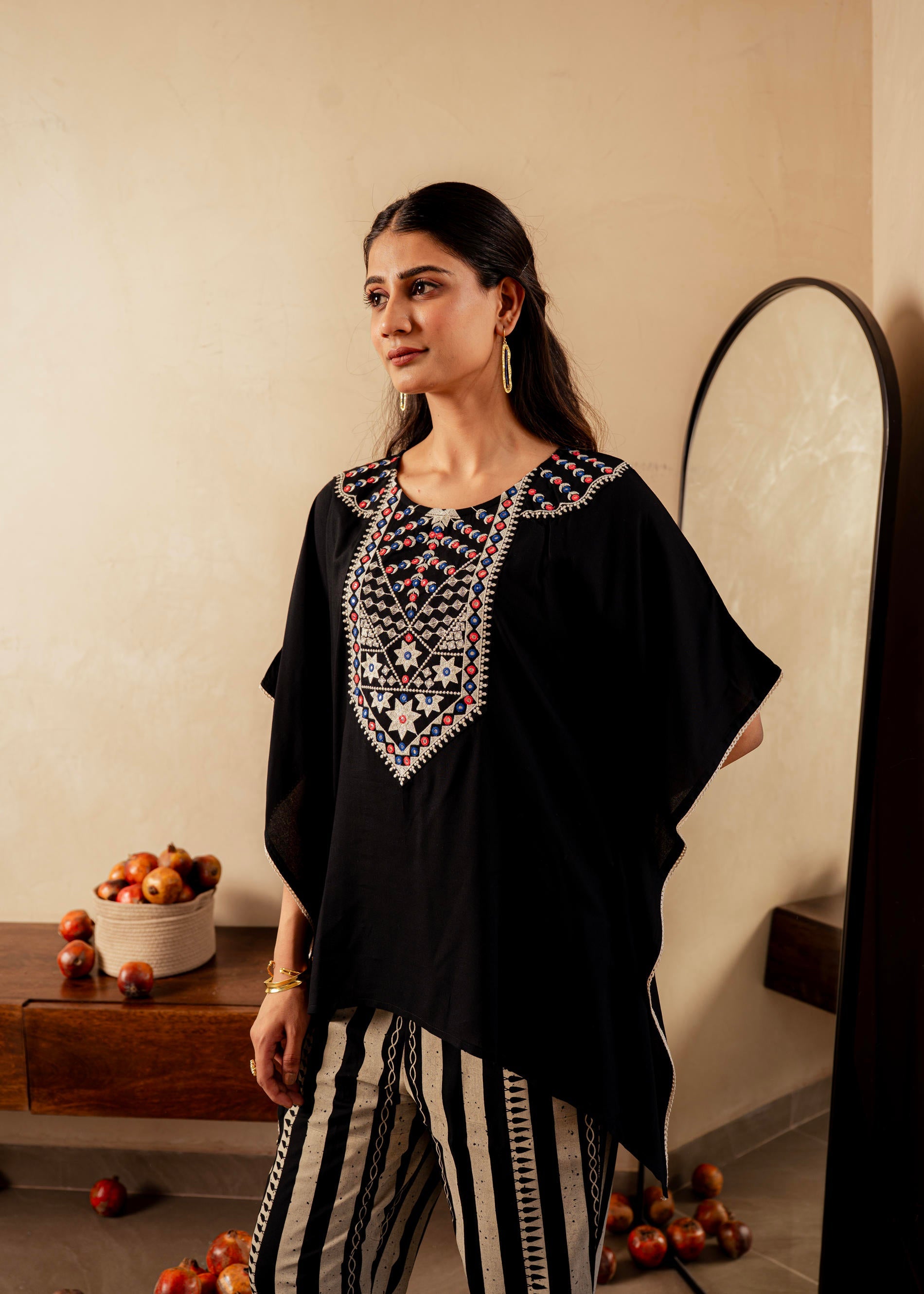 Black Solid Viscose Kaftan and Pants Co-ord Set with Mirror and Thread Work