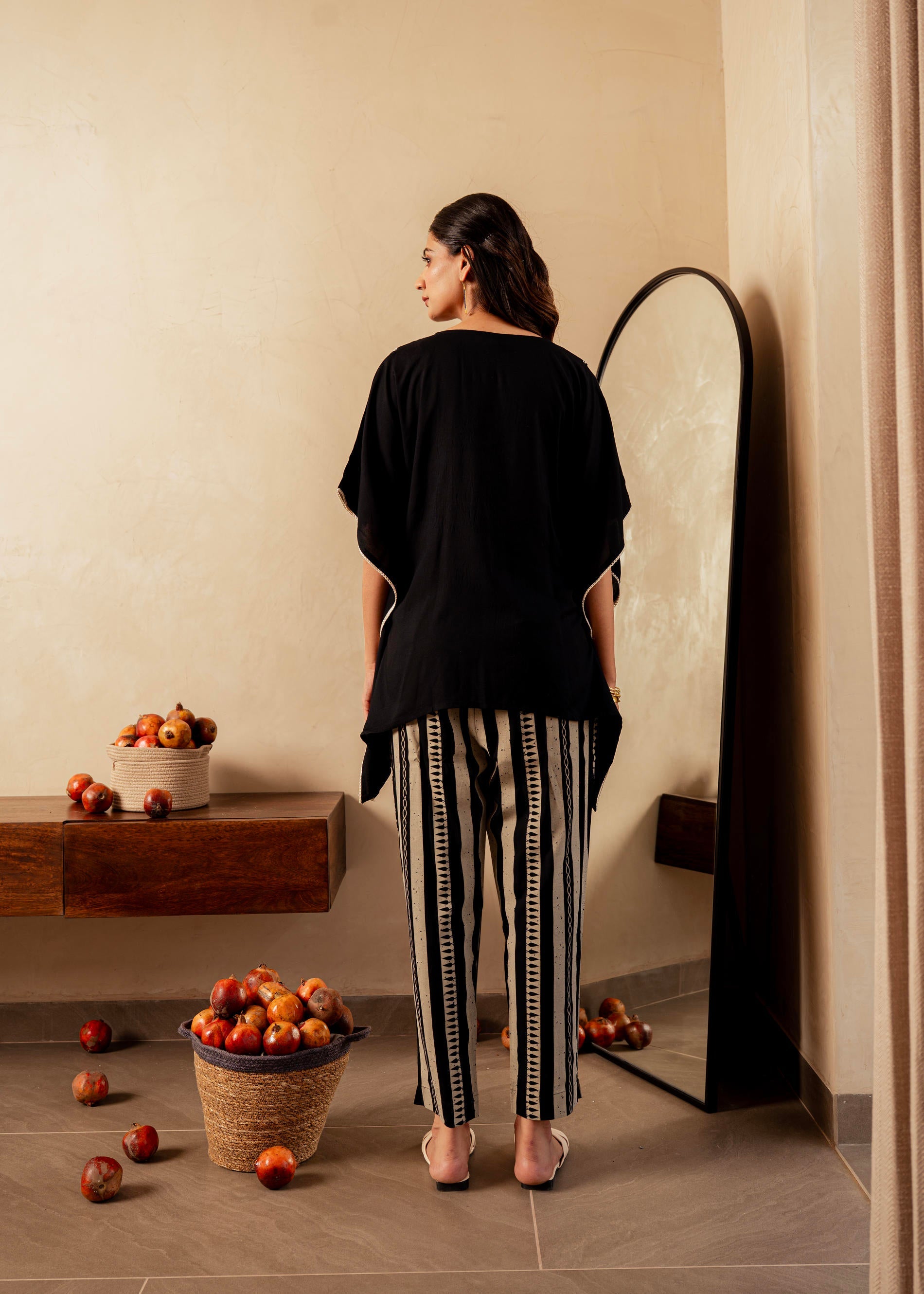 Black Solid Viscose Kaftan and Pants Co-ord Set with Mirror and Thread Work