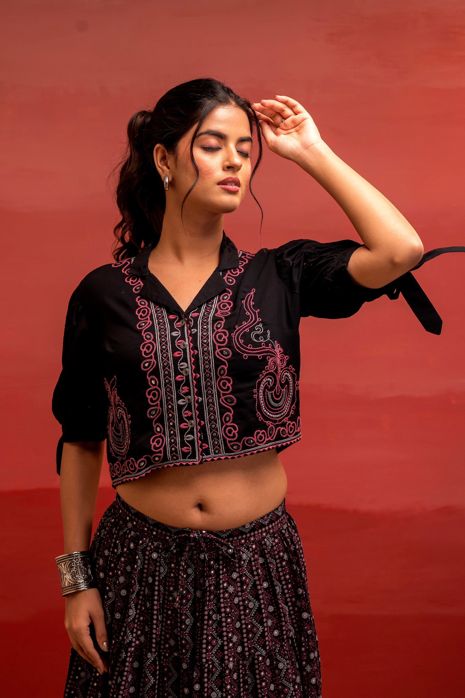 Black Embroidered Crop Top and Flared Skirt Set with Mirror Work Detailing