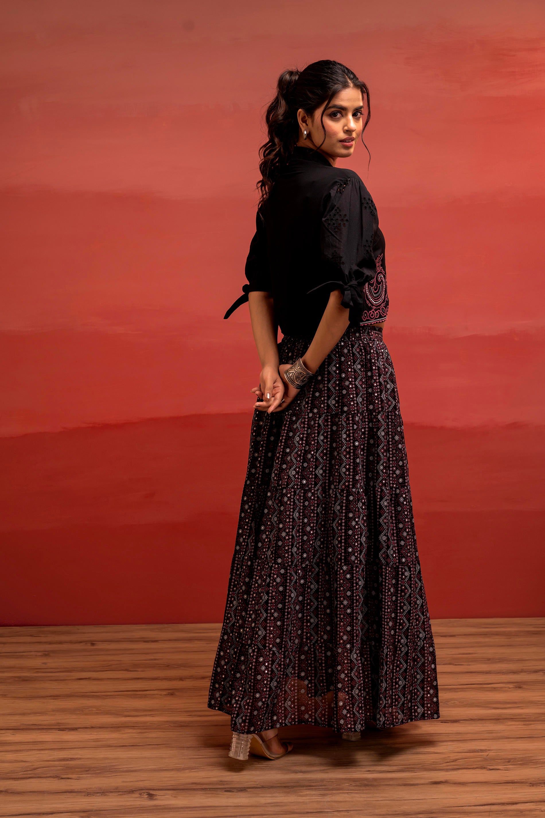 Black Embroidered Crop Top and Flared Skirt Set with Mirror Work Detailing