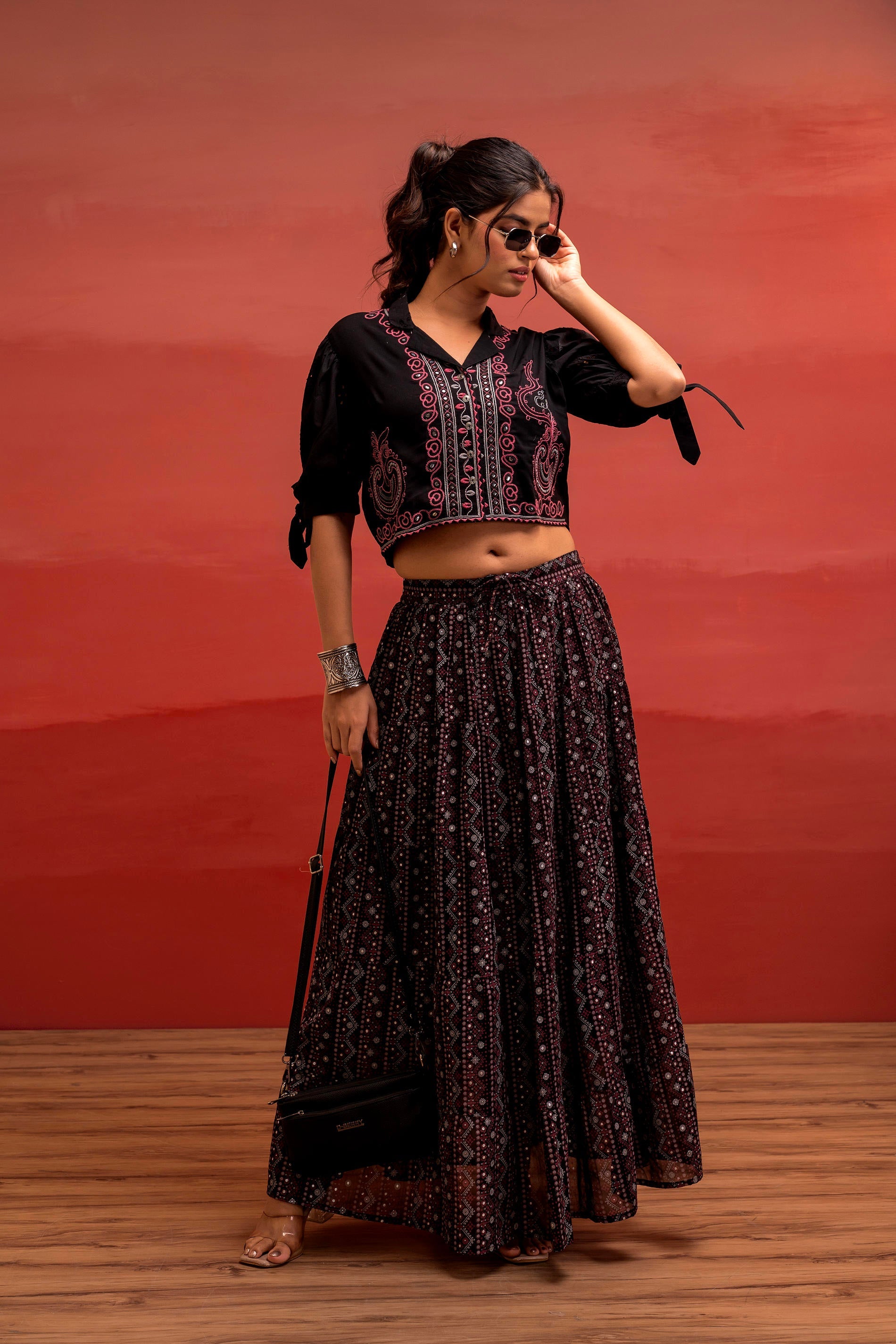 Black Embroidered Crop Top and Flared Skirt Set with Mirror Work Detailing