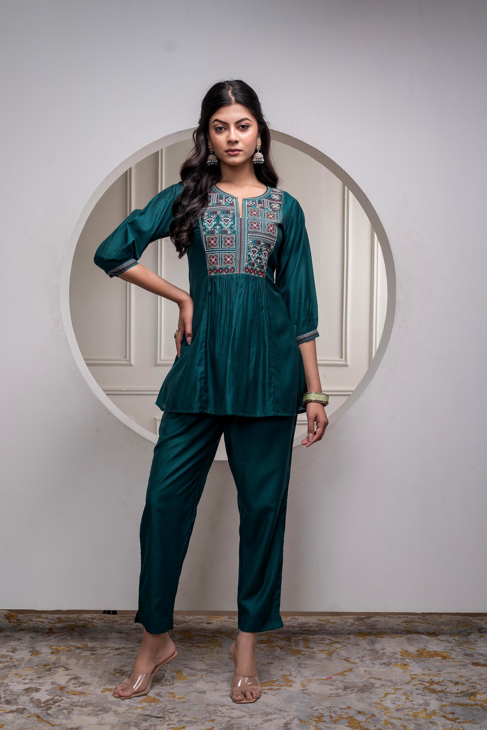Bottlegreen Solid Viscose Gathered Tunic and Pants Co-ord Set with Thread Work