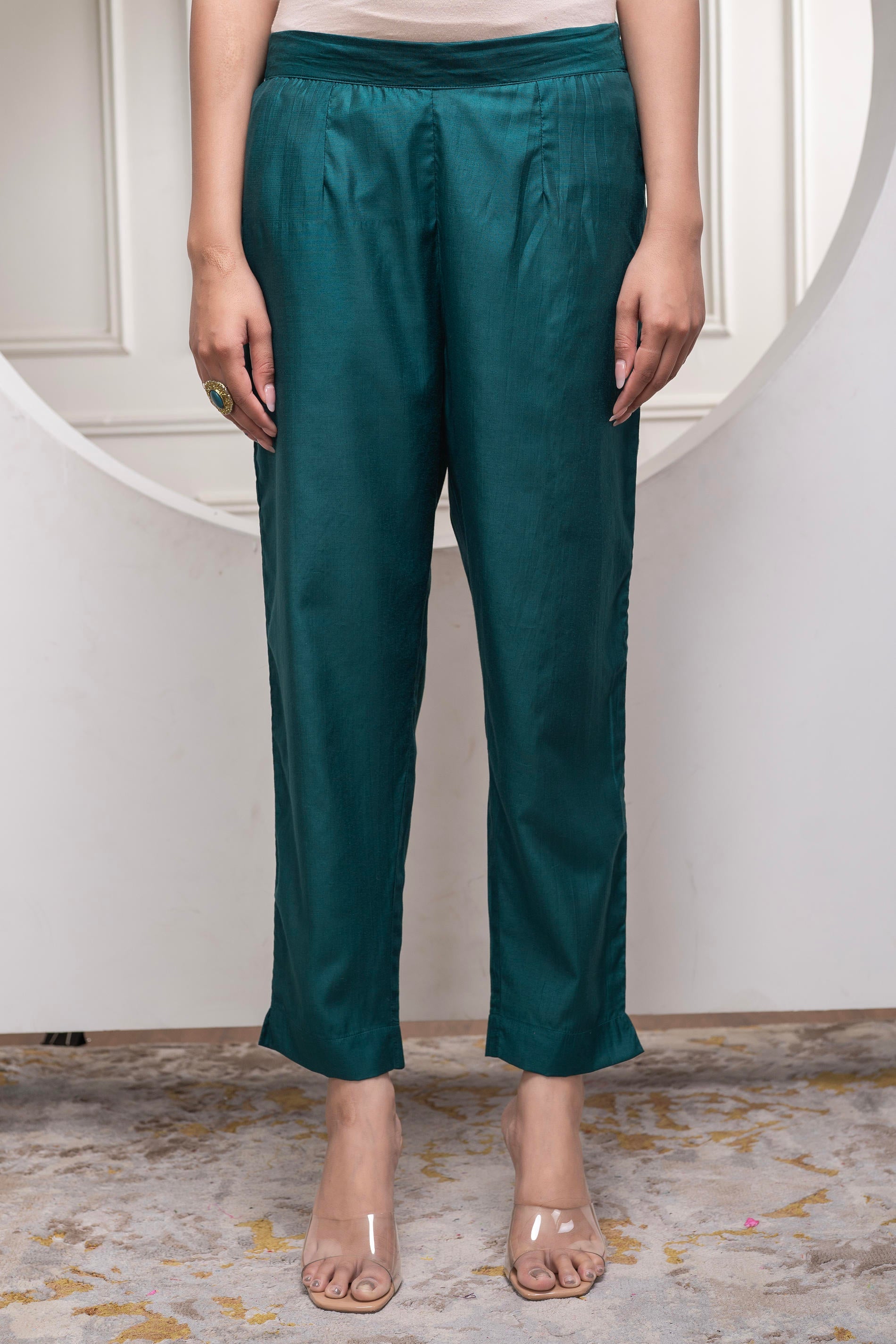Bottlegreen Solid Viscose Gathered Tunic and Pants Co-ord Set with Thread Work
