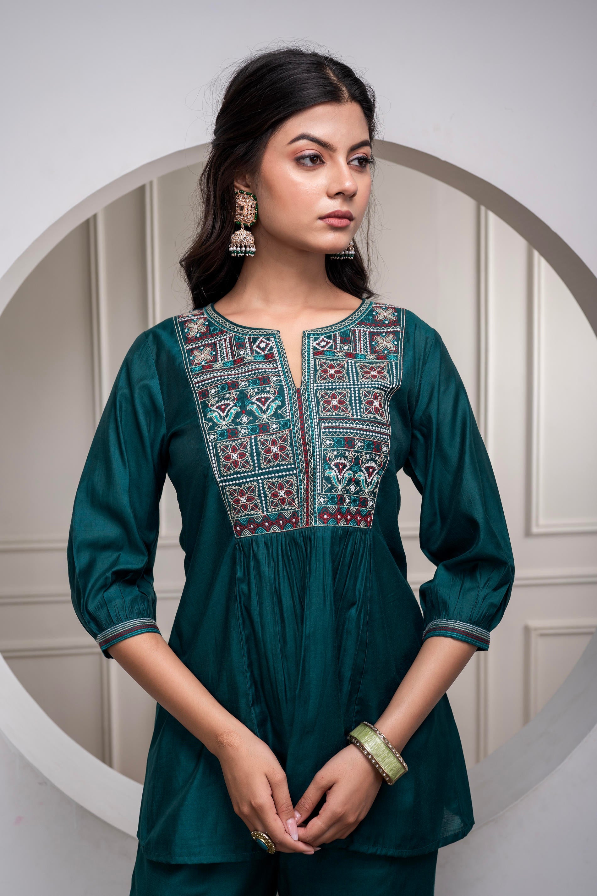 Bottlegreen Solid Viscose Gathered Tunic and Pants Co-ord Set with Thread Work