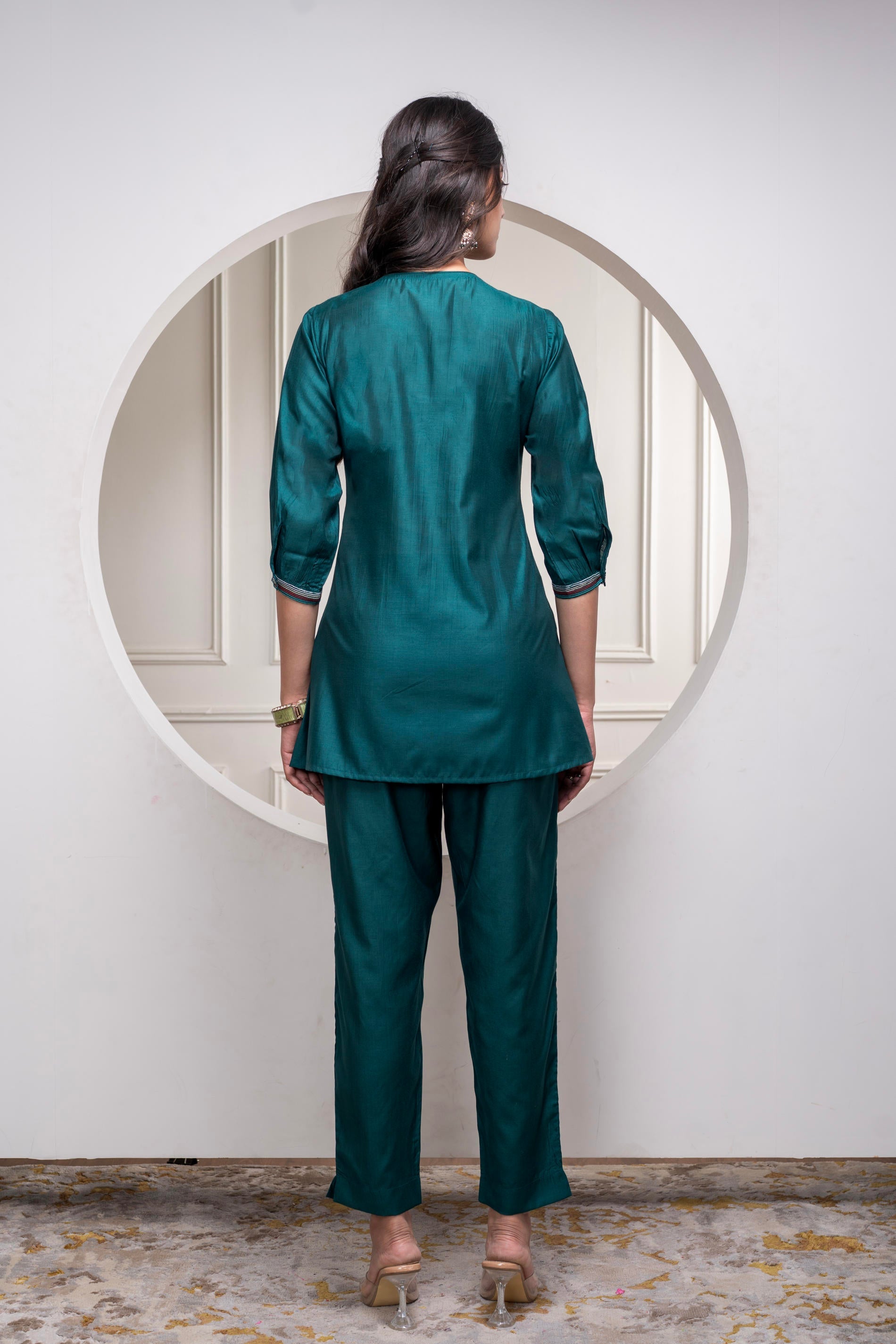 Bottlegreen Solid Viscose Gathered Tunic and Pants Co-ord Set with Thread Work