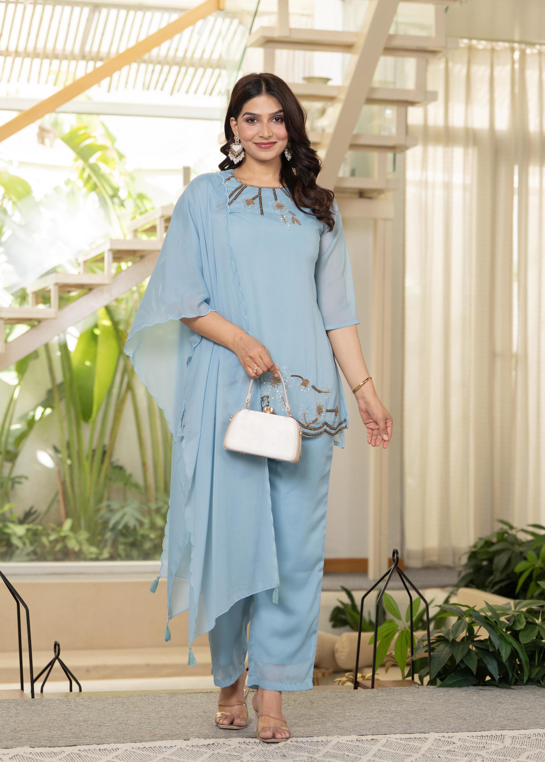 Skyblue Embellished Kurta Pant Dupatta with Beads and Sequence Work