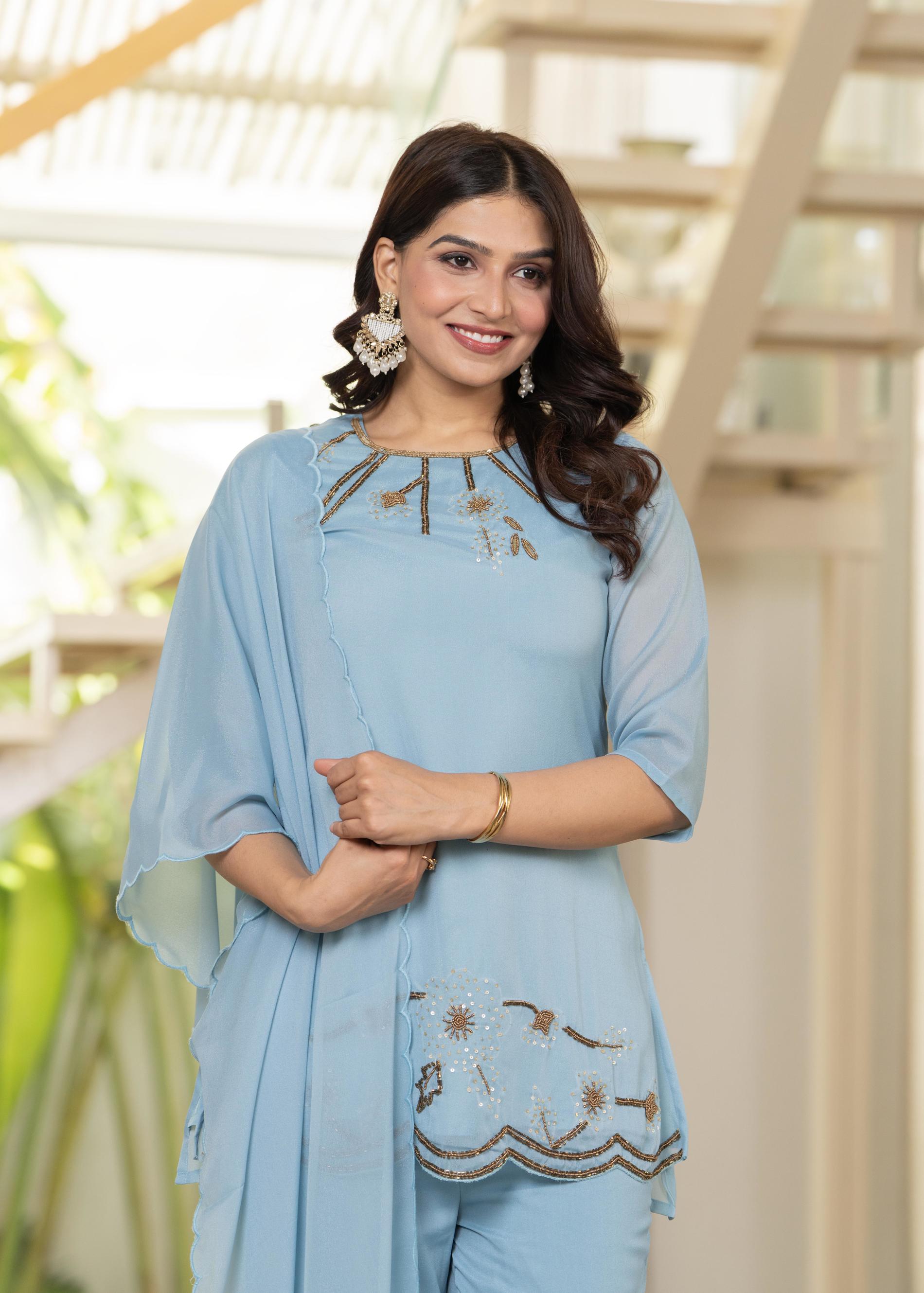 Skyblue Embellished Kurta Pant Dupatta with Beads and Sequence Work
