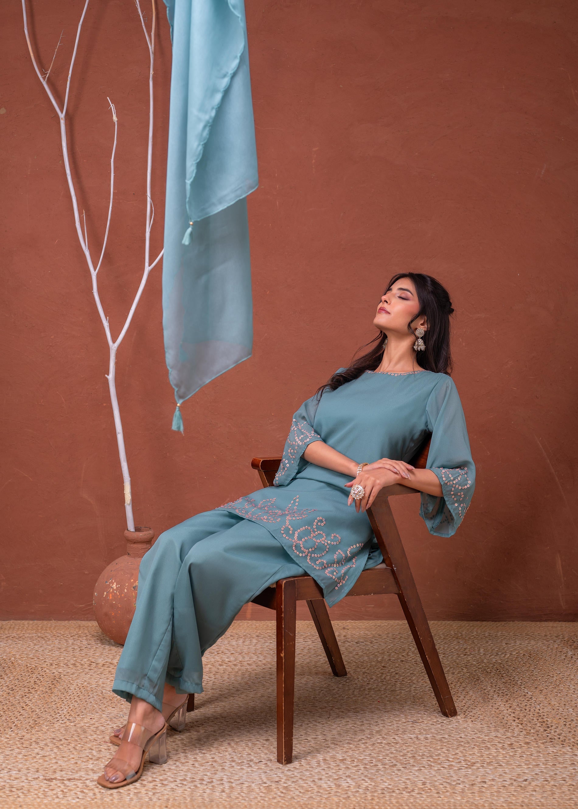 Mintgreen Embellished Kurta Pant Dupatta with Beads and Sequence Work