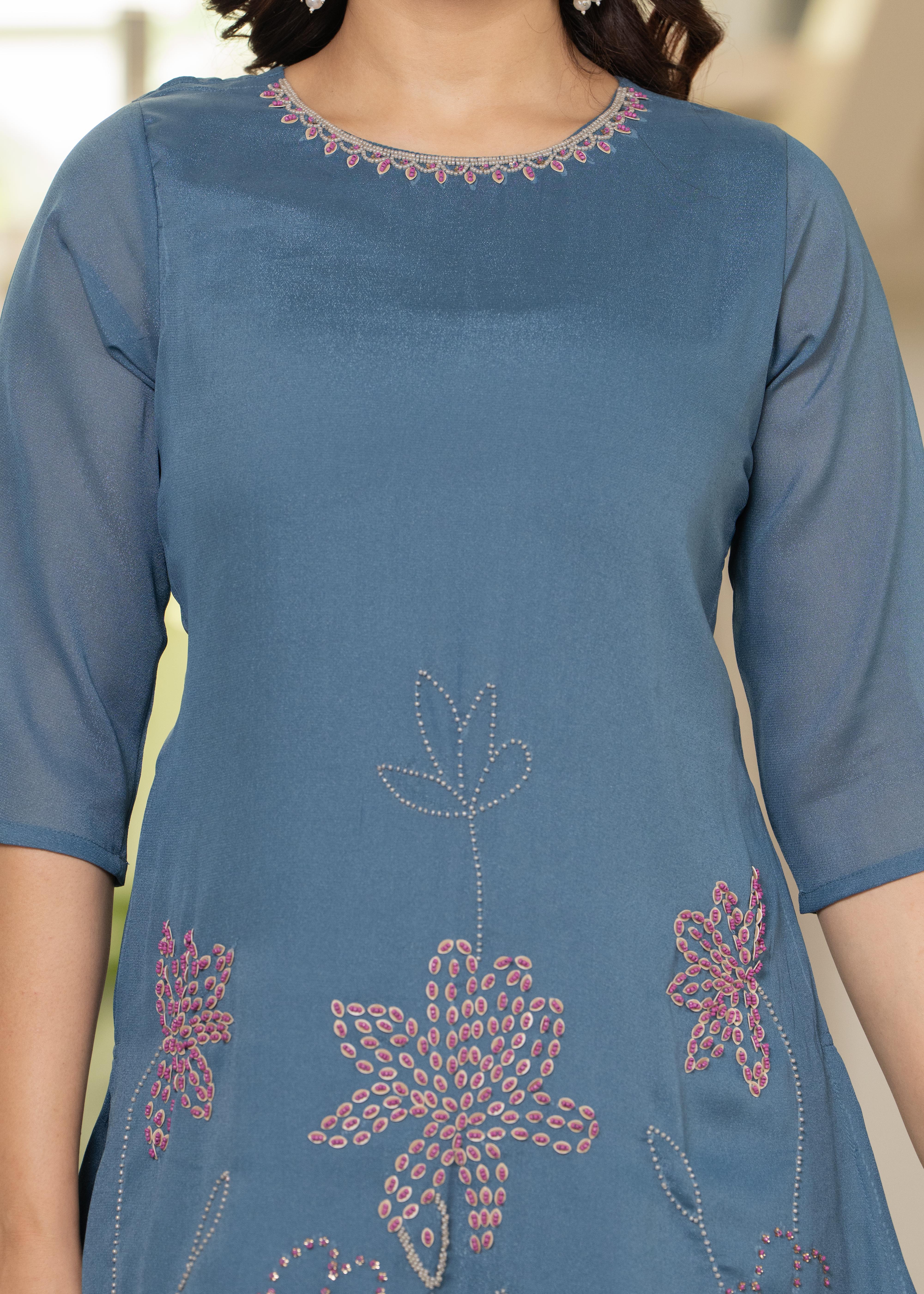 Blue Solid Man Made Fiber Kurta Pant Dupatta Set with Beads and tassels Work