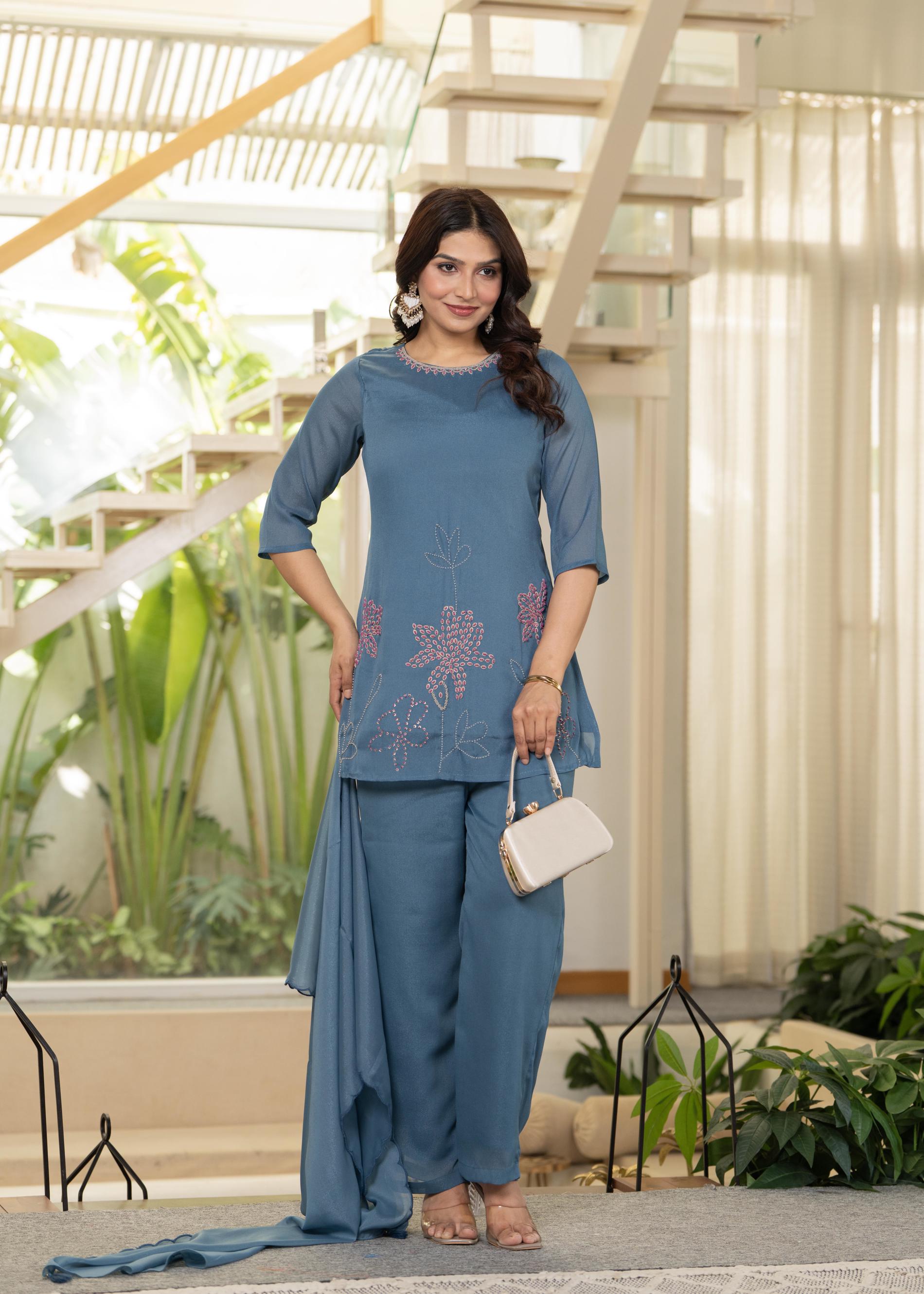 Blue Solid Man Made Fiber Kurta Pant Dupatta Set with Beads and Telesales Work