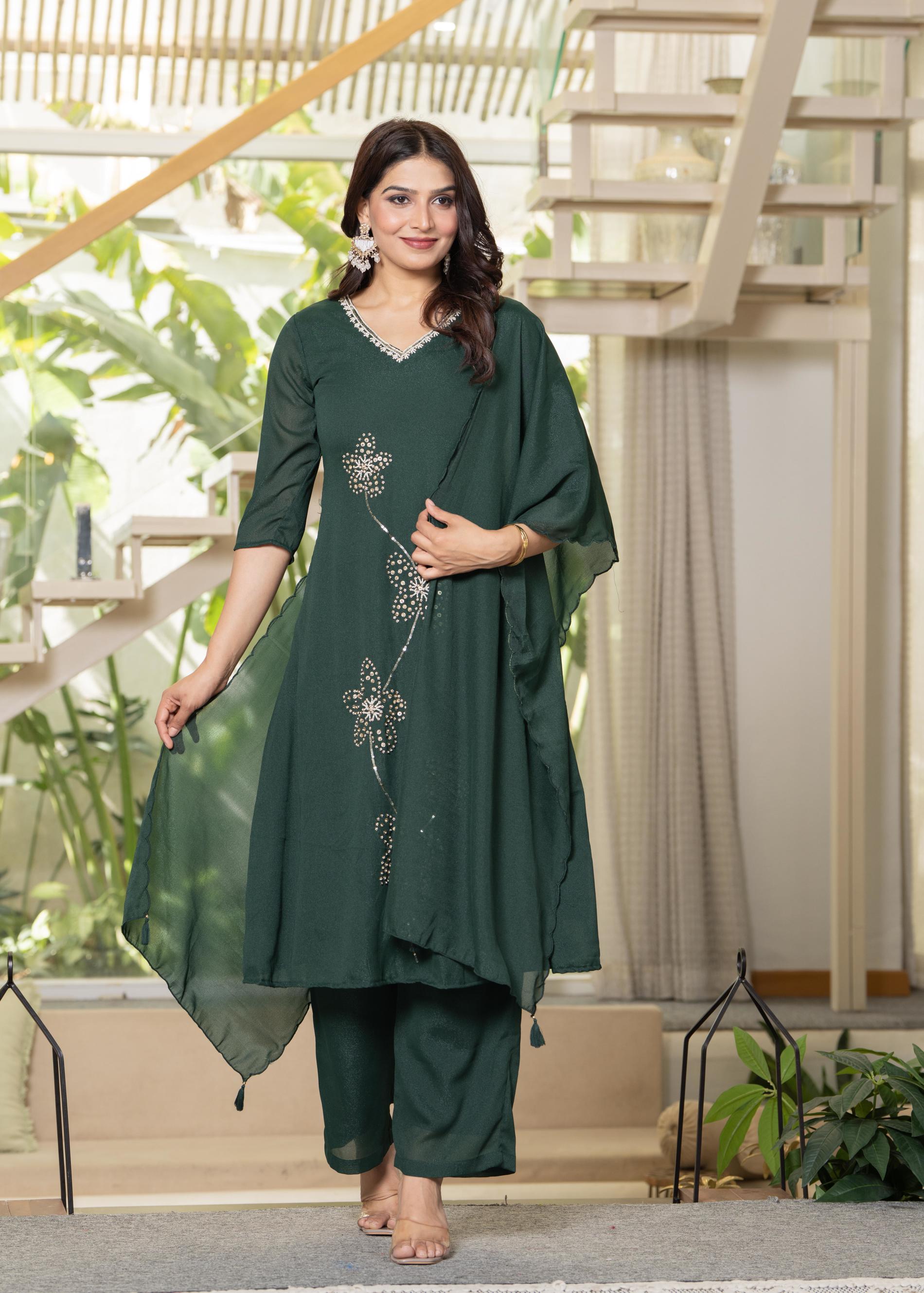 Jade Green Solid Man Made Fiber Kurta Pant Dupatta Set with Beads and Sequence Work