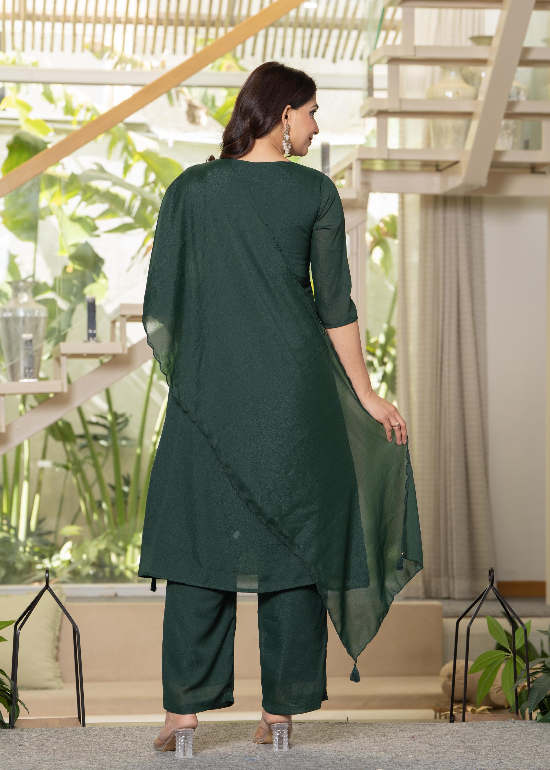 Jade Green Solid Man Made Fiber Kurta Pant Dupatta Set with Beads and Sequence Work