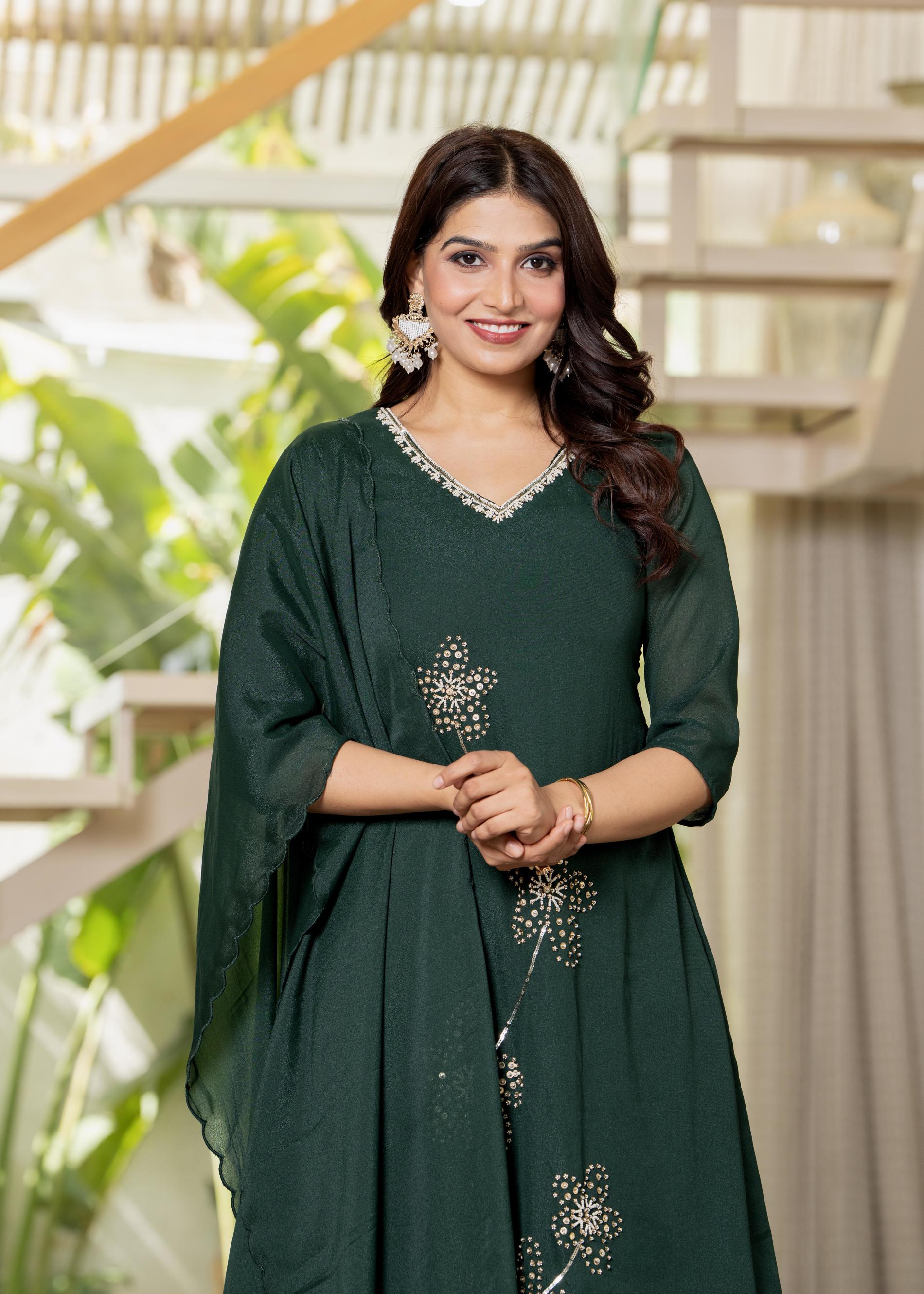 Jade Green Solid Man Made Fiber Kurta Pant Dupatta Set with Beads and Sequence Work