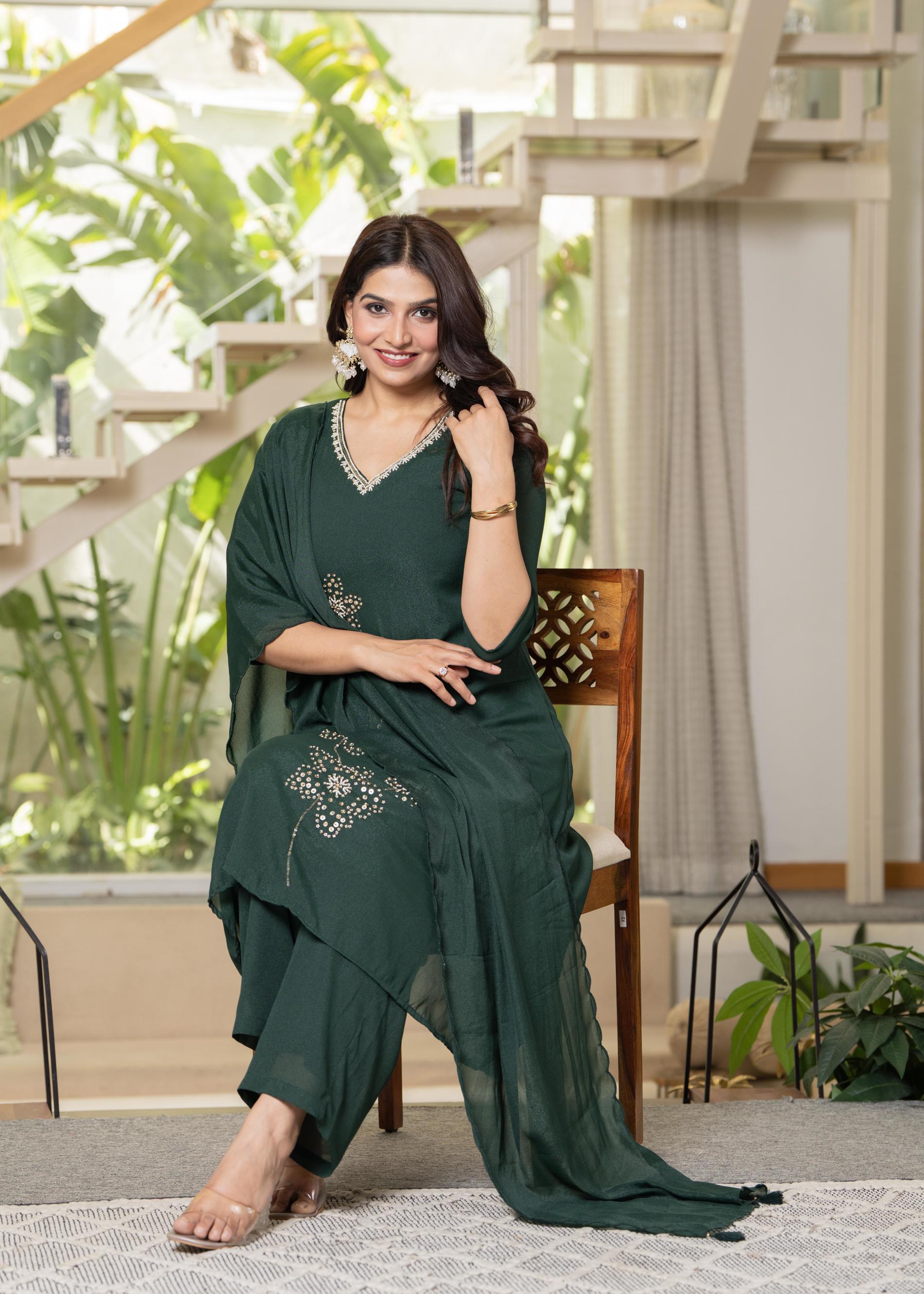 Jade Green Solid Man Made Fiber Kurta Pant Dupatta Set with Beads and Sequence Work