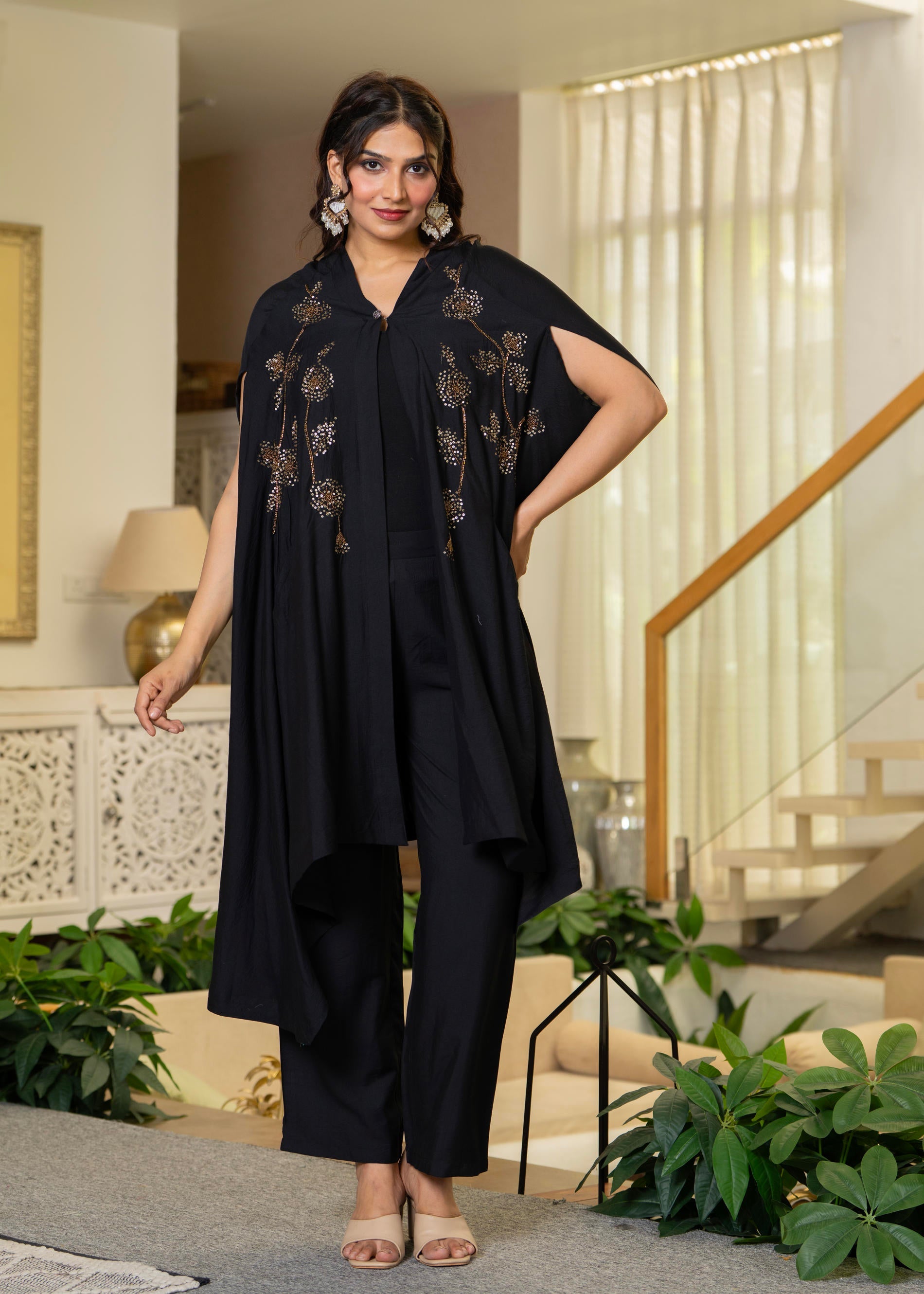 Black Embroidered Cape Co-Ord Set