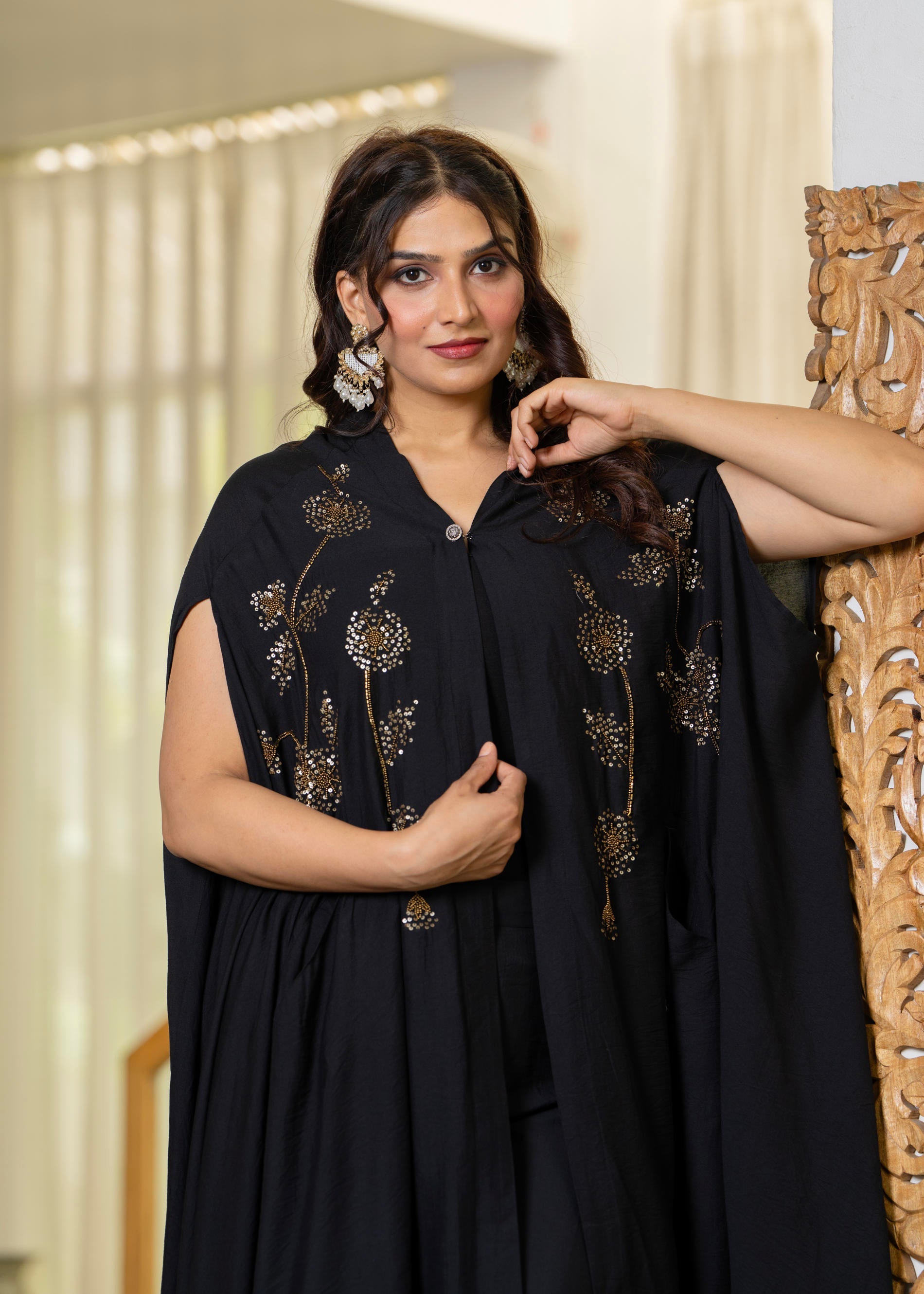 Black Embroidered Cape Co-Ord Set