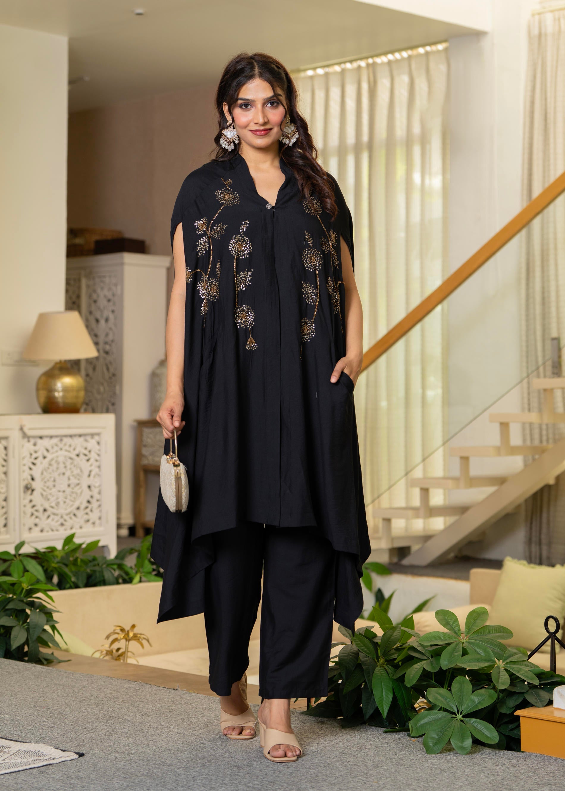 Black Embroidered Cape Co-Ord Set