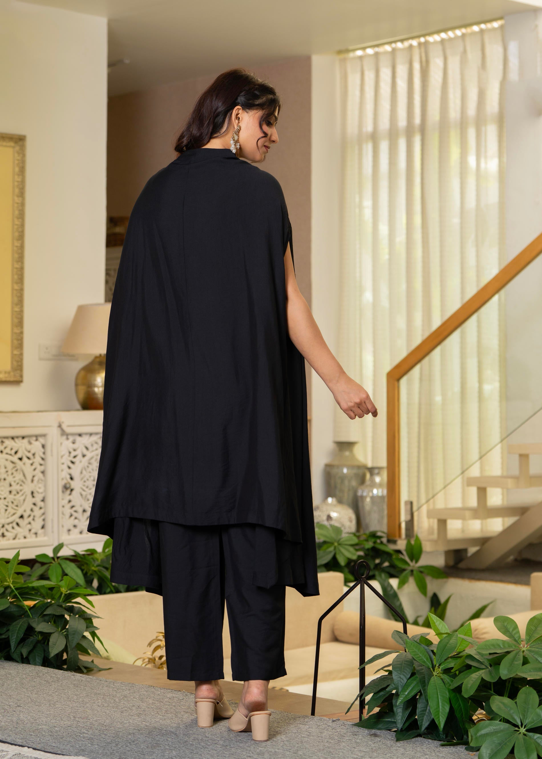 Black Embroidered Cape Co-Ord Set